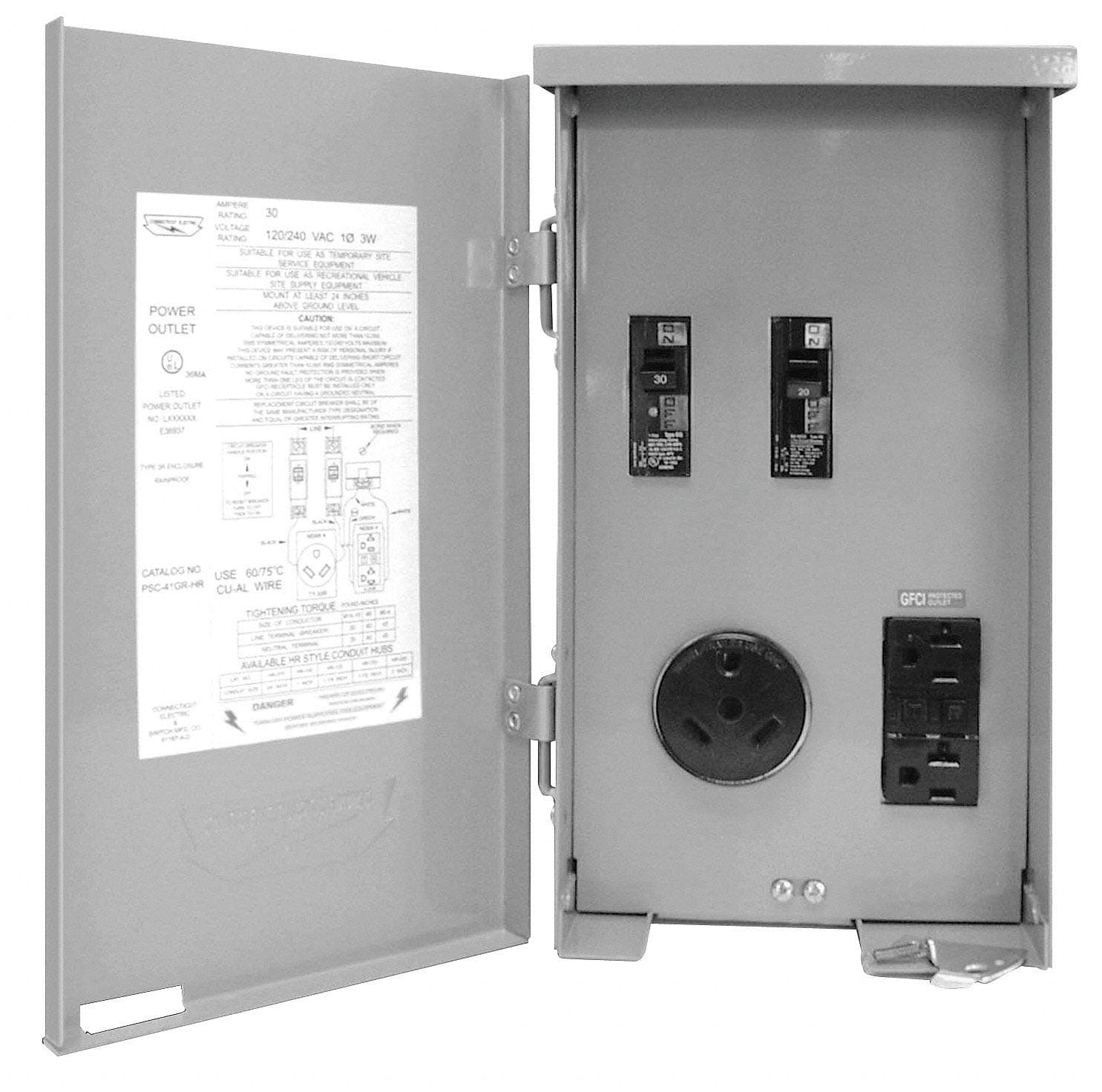 Temporary Power Outlet Panel with 20A/30A Breakers, TT-30R & 20A GFCI Outlets | Indoor/Outdoor Use | ETL Listed
