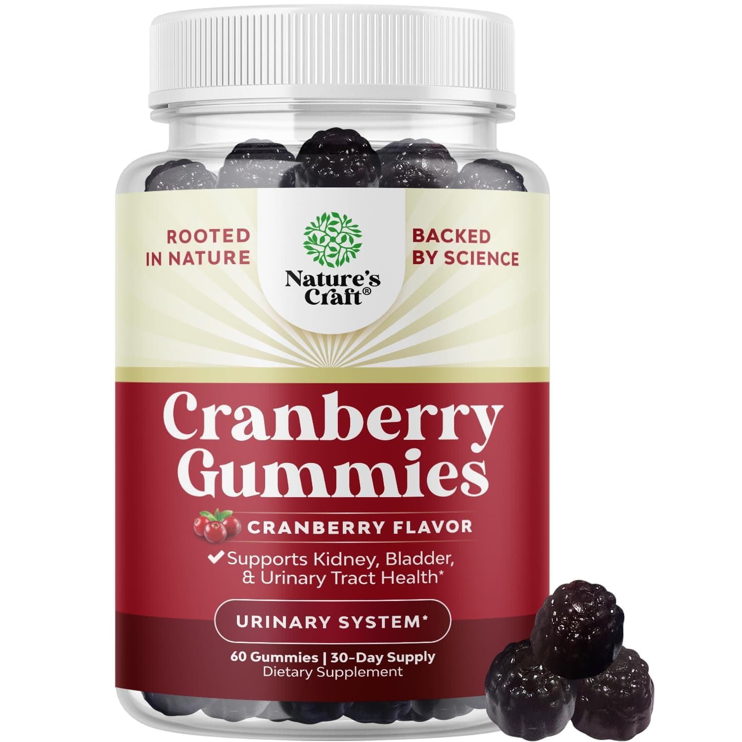 Natural Cranberry Gummies for Women and Men - Extra Strength Delicious Antioxidant Cranberry Chews for Urinary Tract Health Kidney Support Bladder & Immune Health - Vegan Gluten & Gelatin Free - 60ct