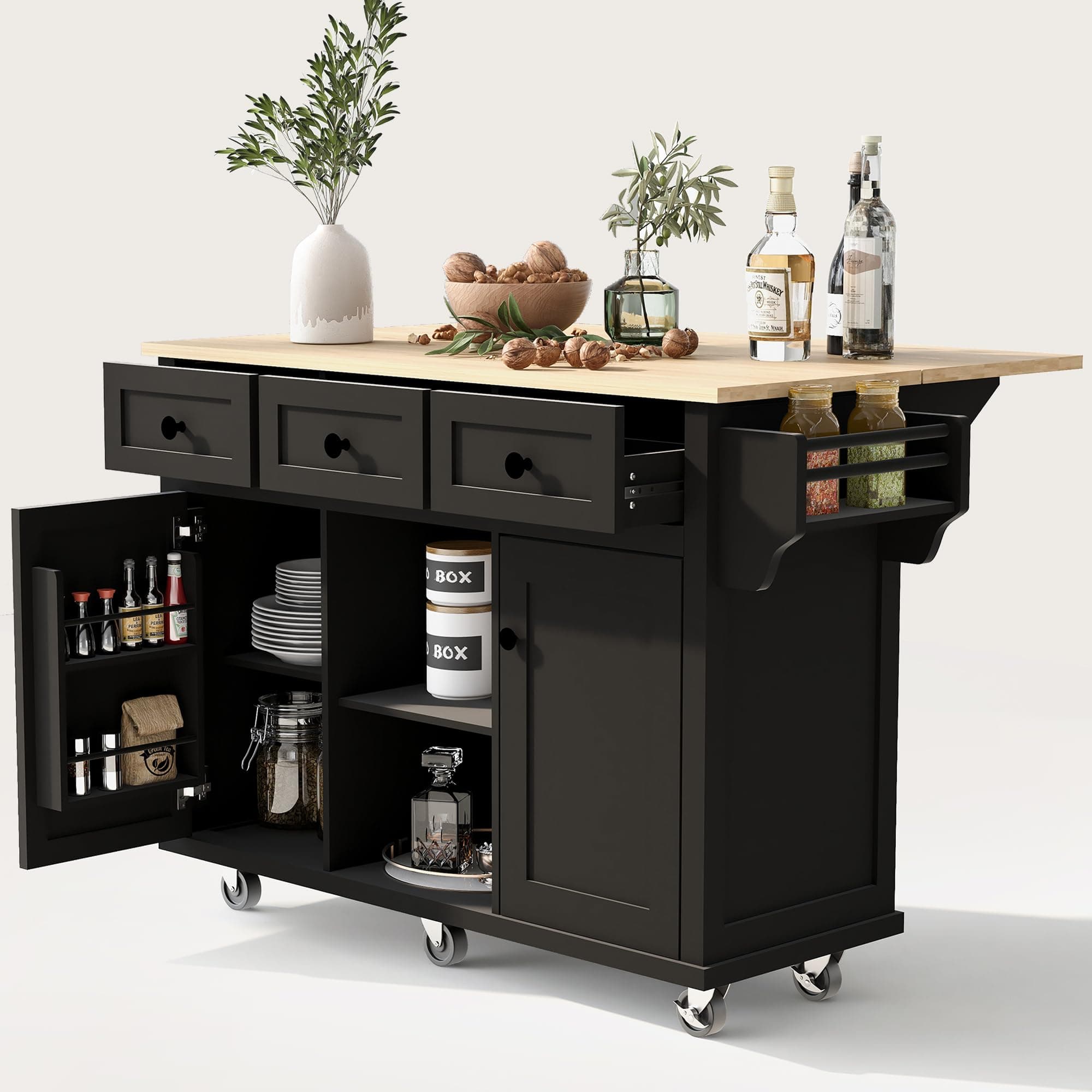 LUMISOL Kitchen Island Cart with Rubber Wood Drop-Leaf, Kitchen Island on 5 Wheels with Open Shelves, 3 Drawers and Storage Cabinet, Black