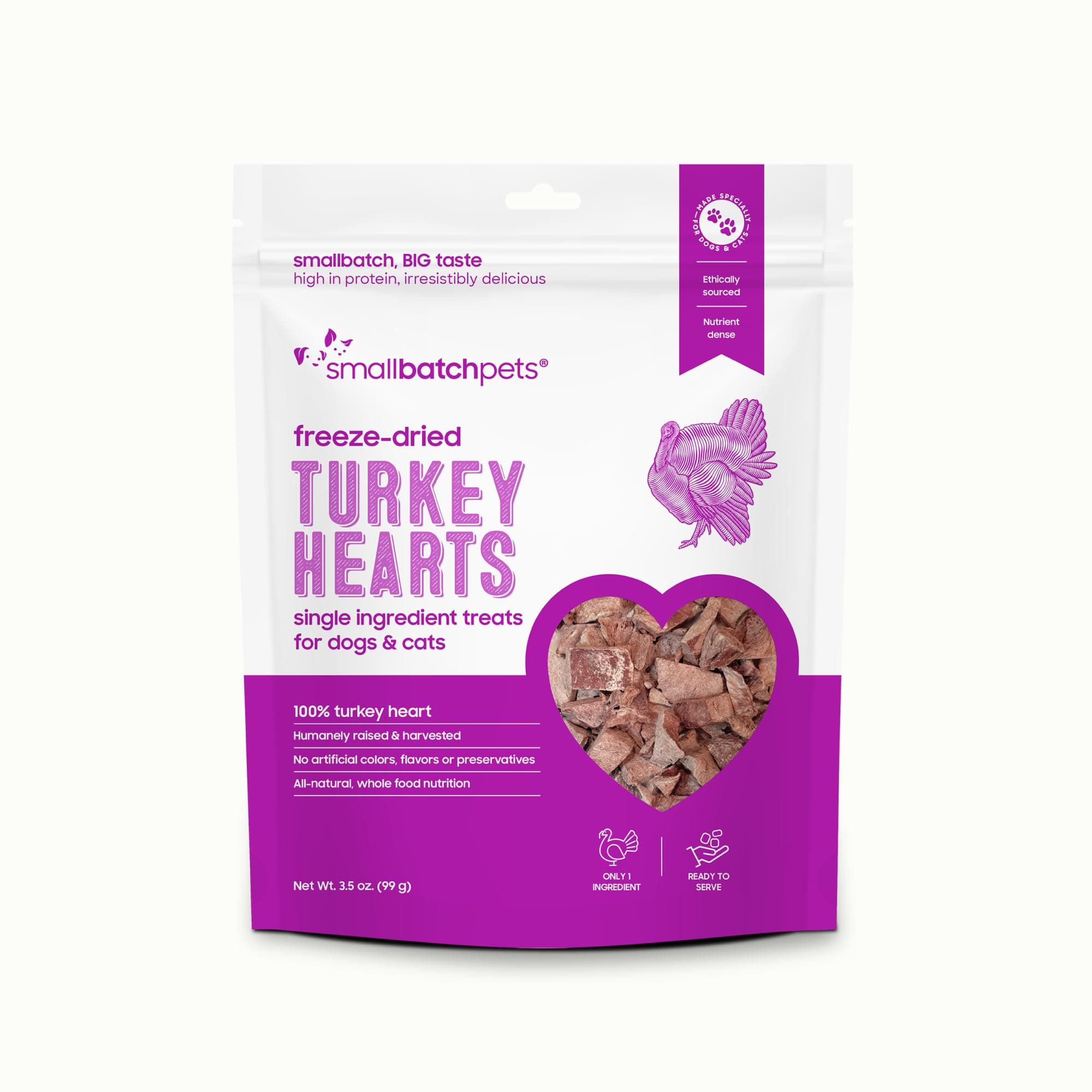 smallbatch Pets Premium Freeze-Dried Turkey Heart Treats for Dogs and Cats, 3.5 oz, Made and Sourced in The USA, Single Ingredient, Humanely Raise Meat, No Preservatives or Anything Artificial Ever