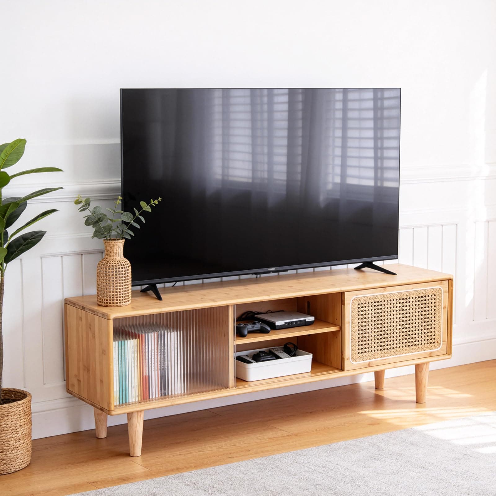 Tiita Rattan TV Stand for 55 Inch TV, Bamboo TV Cabinet with Adjustable Shelf and Storage, Boho Entertainment Center, Mid Century Modern Media Console for Bedroom, Living Room, Study (Natural)