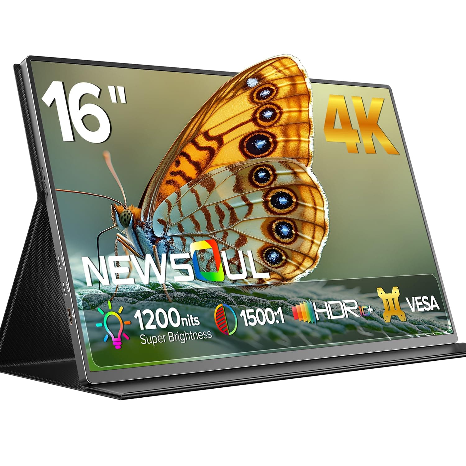Newsoul 4K Portable Monitor, 3840 * 2400 UHD 16" Gaming Monitor 1200Nits 1500:1 100% sRGB IPS FreeSync Laptop Monitor with VESA & Cover Built-in USB-C HDMI Portable Screen for Phone Game Console