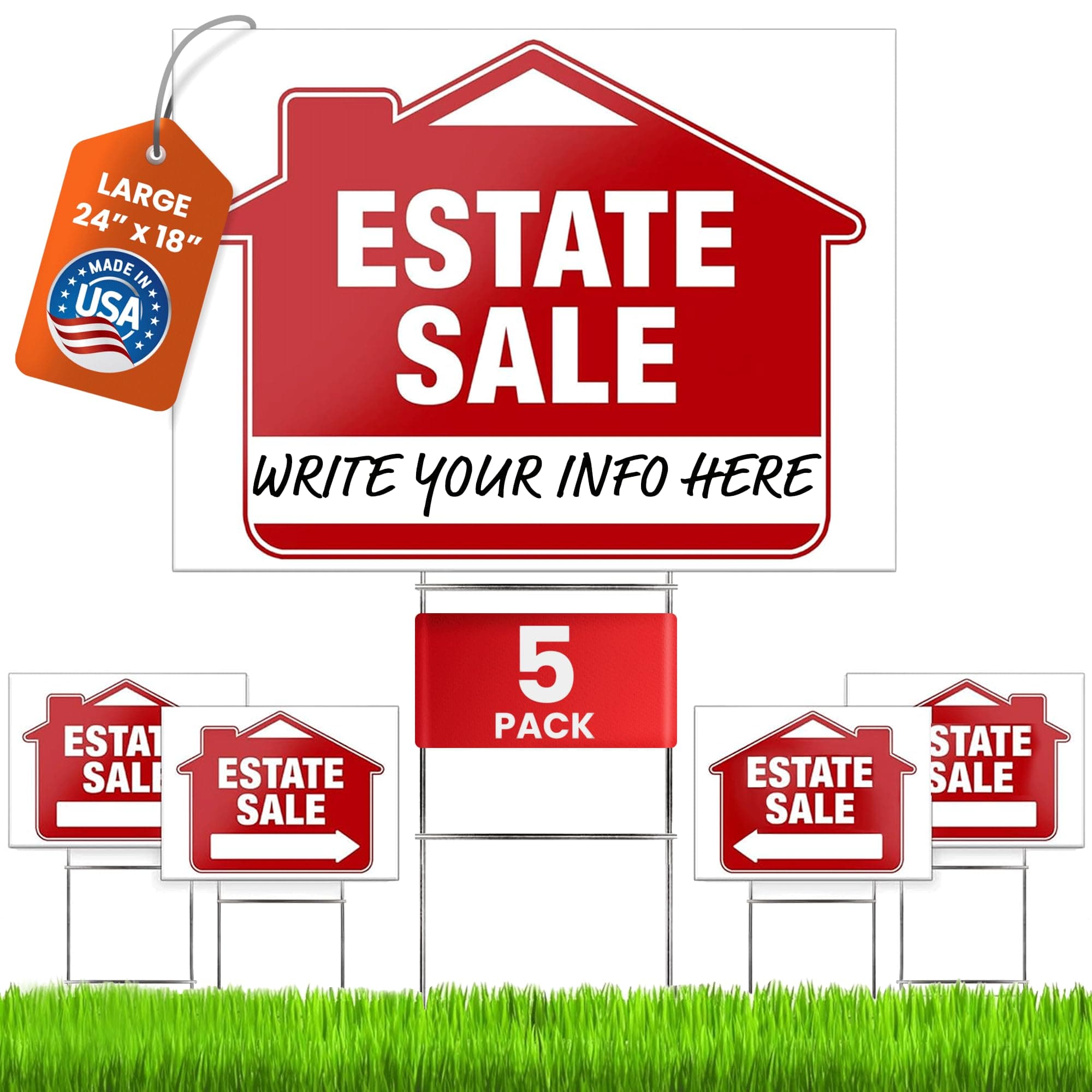 Estate Sale Signs (5 Pack) – Premium LARGE 24” x 18” Double-Sided Estate Sale Signs with Heavy Duty Stakes – Garage Sale Yard with Directional Arrows