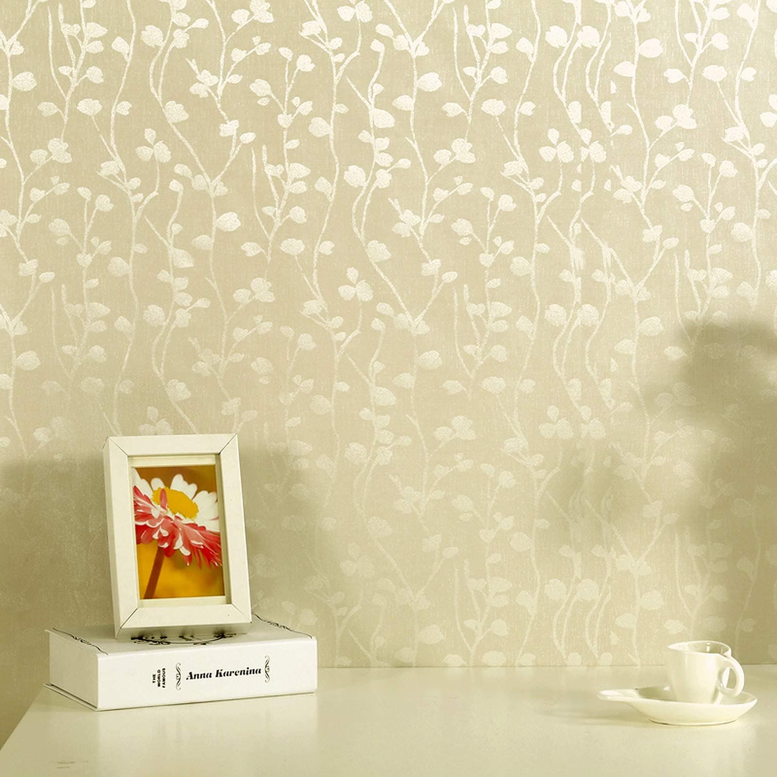 Wall Stickers Butterfly Leaves Wallpaper (45 x 300 CM, Beige) | Textured Self Adhesive PVC Decal for Hall Room Living Room Bedroom | DIY Peel and Stick Home Interior Decoration Roll