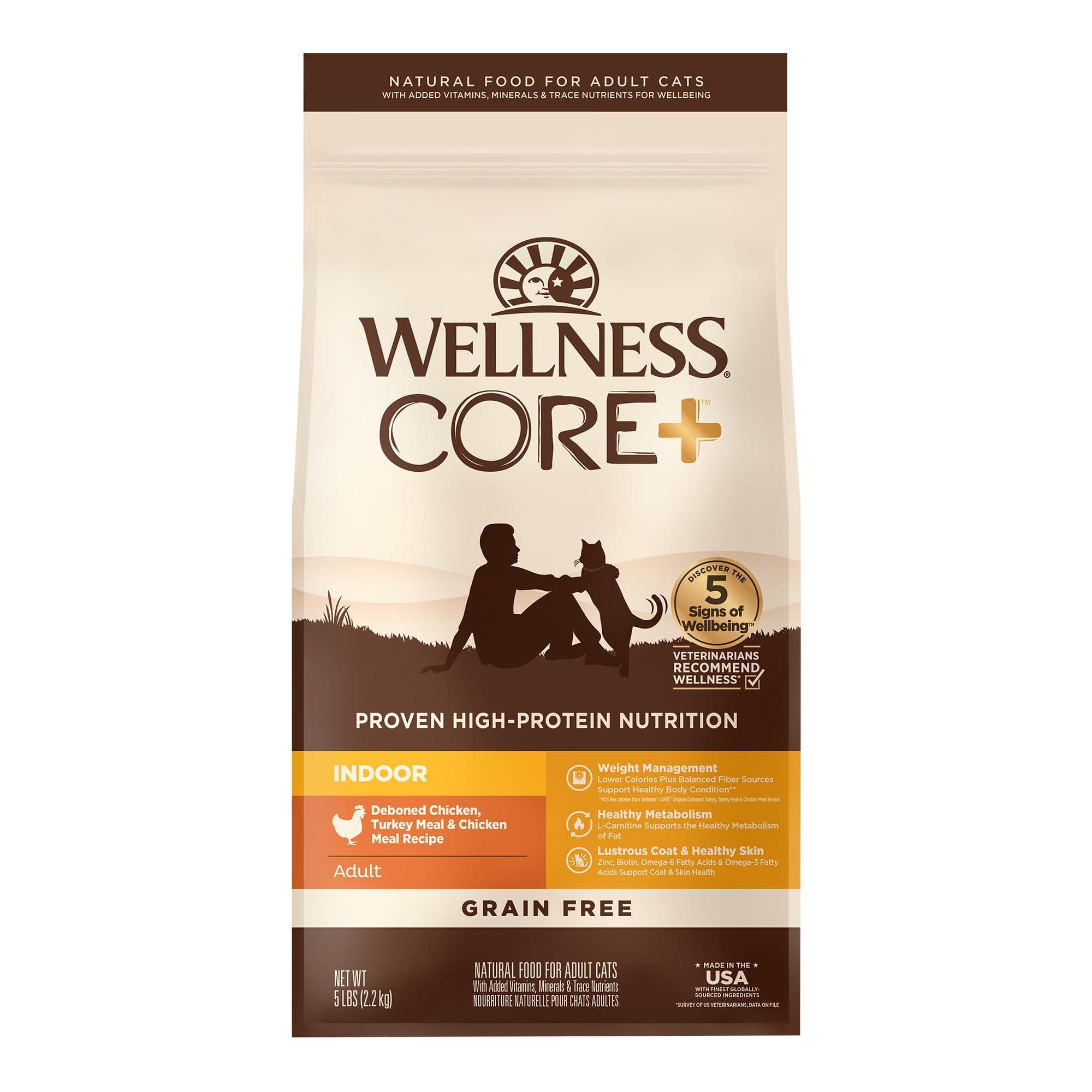 Wellness CORE+ Adult Dry Cat Food for Indoor Cats, Grain-Free, Natural, Chicken, Turkey & Chicken Meal (5 Pound Bag)