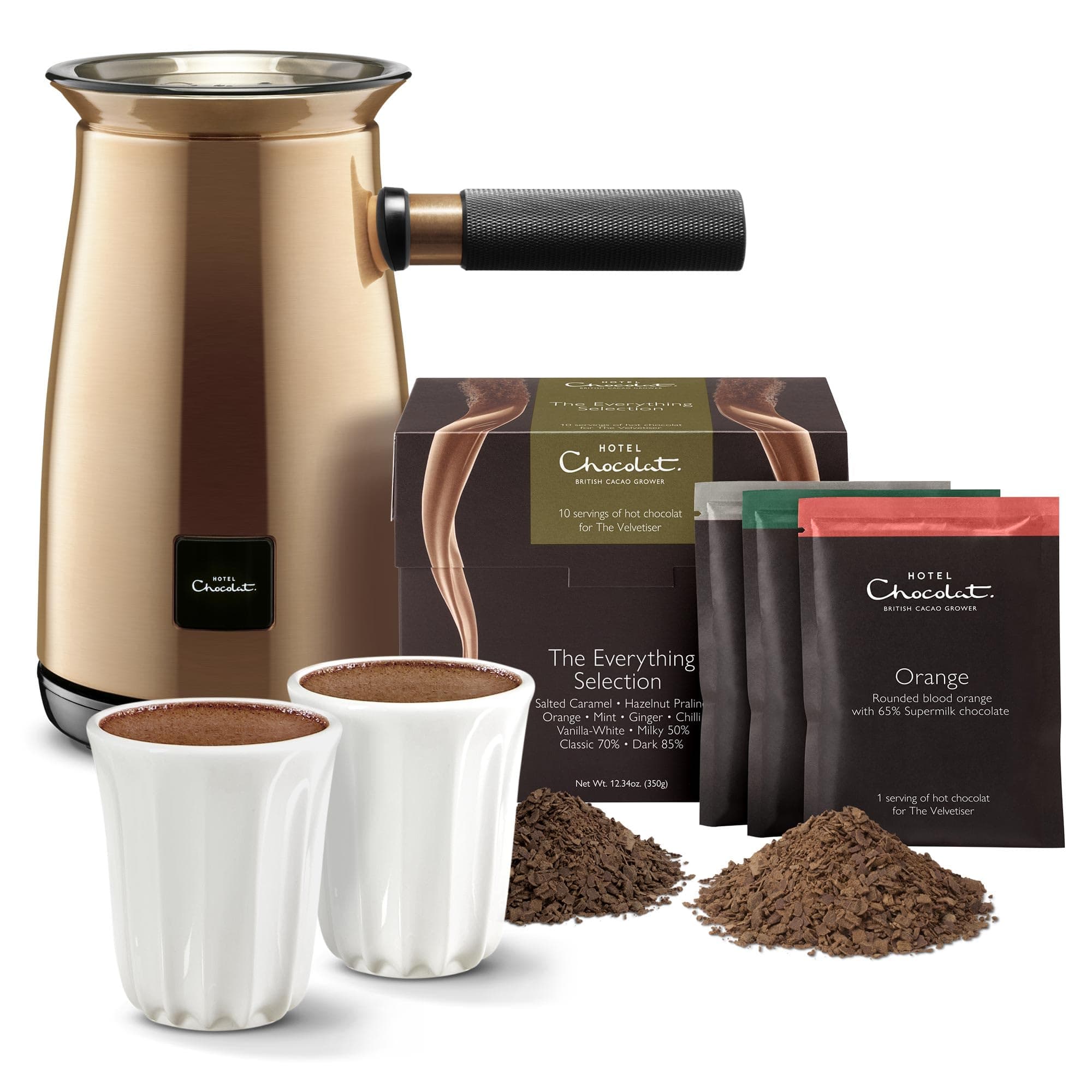 Velvetiser - In-Home Hot Chocolate Machine - Barista-Grade Hot Chocolate Maker - Copper Edition - Complete Starter Kit - 2 Ceramic Podcups & 10 Single-Serve Sachets