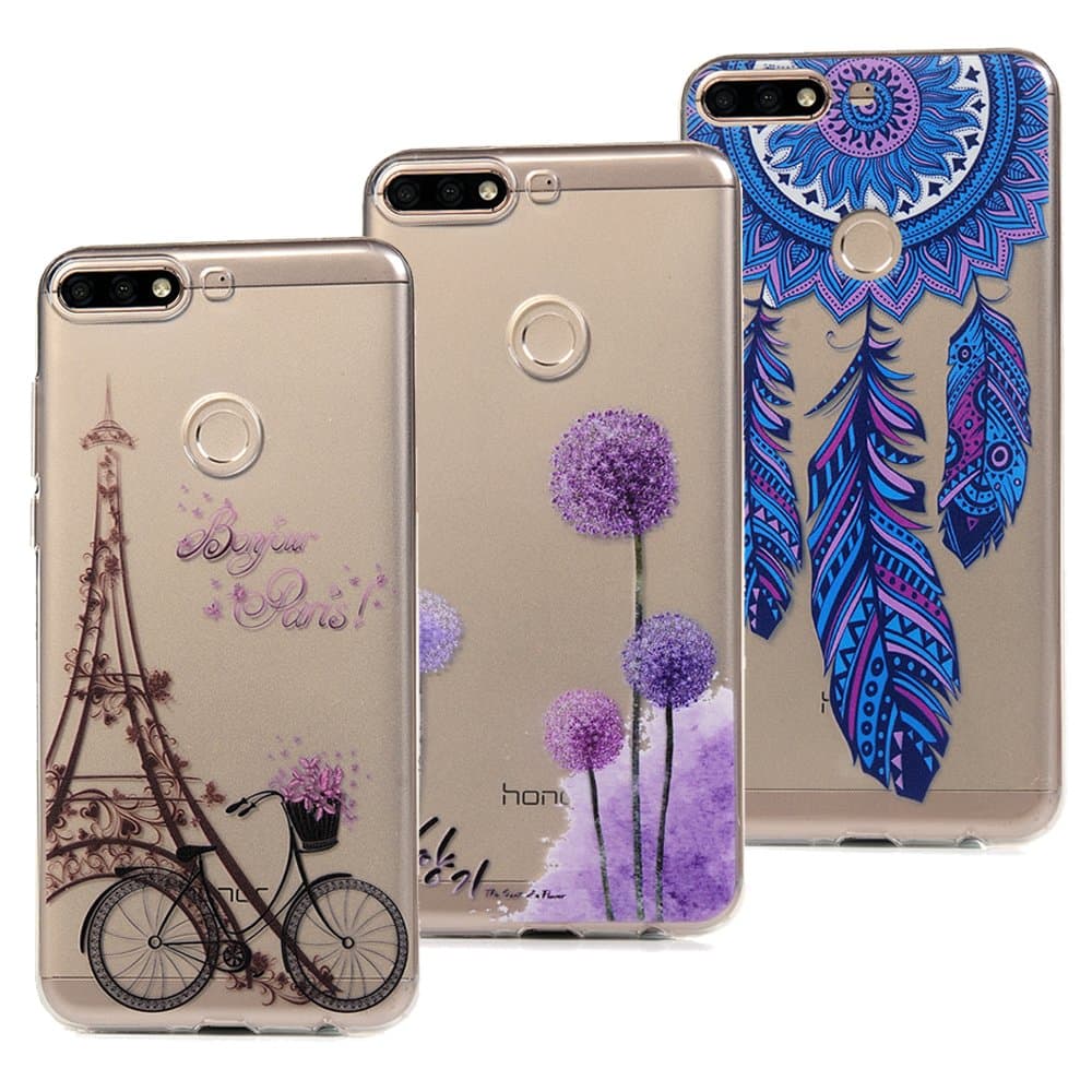 3x Case for Huawei Honor 7C, Cover TPU Silicon Clear Lightweight Thin Flexible Bumper Protective Shell - Tower, Dandelion, Dream Catcher