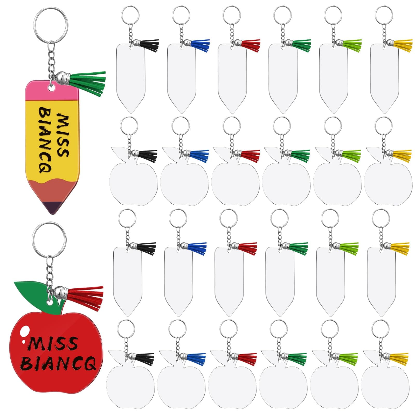 Remuuly 40 Pcs Acrylic Keychain Blanks Acrylic Apple Shaped and Pencil Shaped Blank Keychains with Tassel for DIY Craft Party Bulk Gifts for Teachers