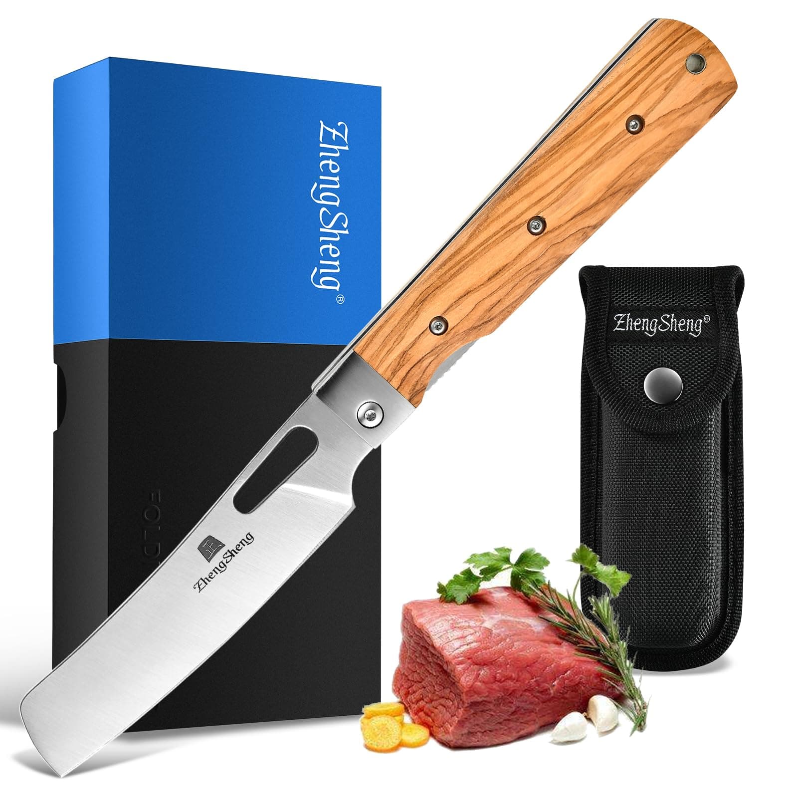 ZhengSheng Folding Chef Knife with Nylon Pouch 4.8” Ultra Sharp 440A Stainless Steel Blade Natural Olive Handle Pocket Foldable Japanese Style Kitchen Knife for Outdoor Camping BBQ trip Cooking.