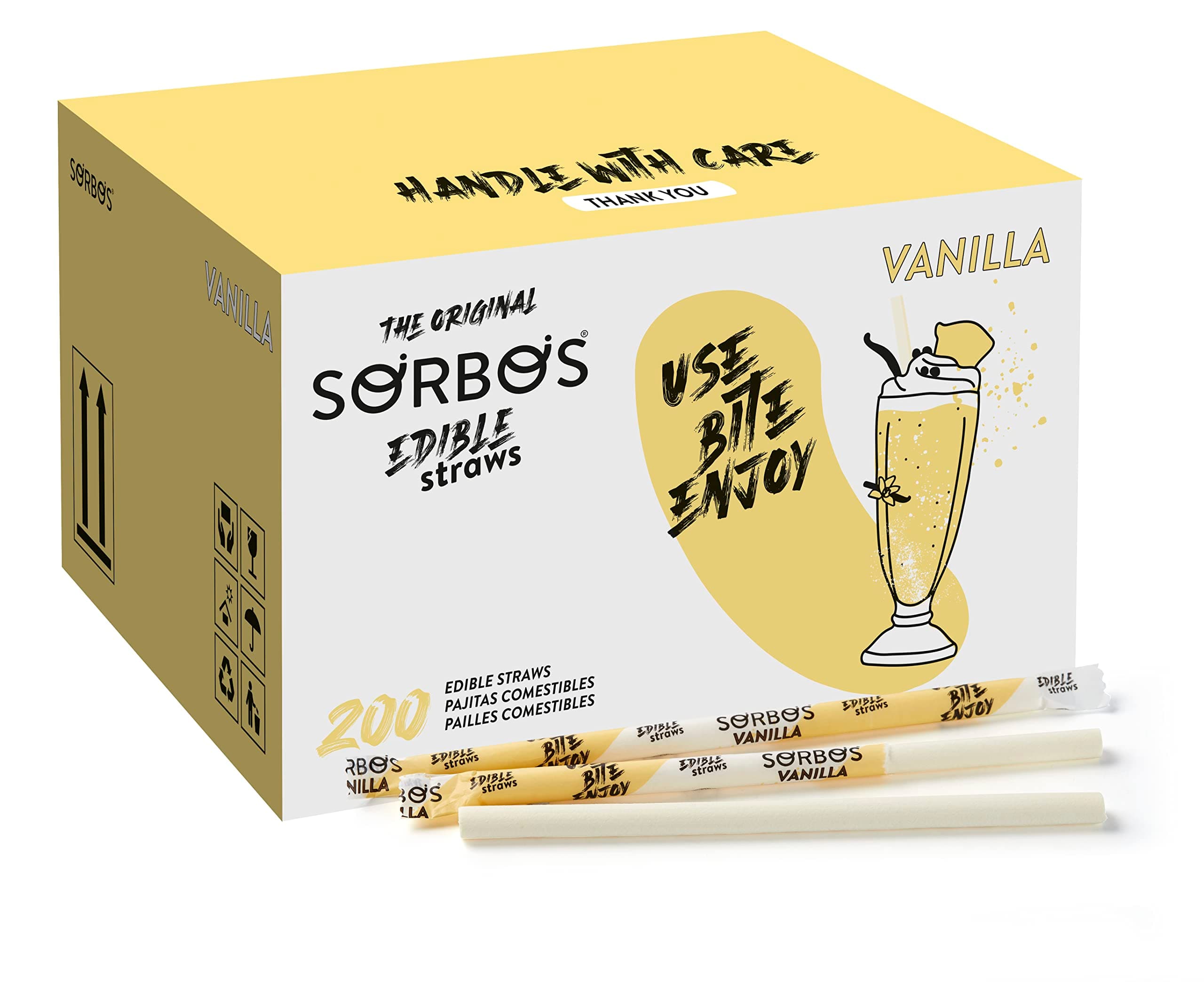 Sorbos Edible Straws, Vanilla Flavored, Sustainable, Individually Packaged, No Plastic, No Allergens, No Gluten, No PFAS, Eco Friendly, 7.4 inches long (Pack of 200)