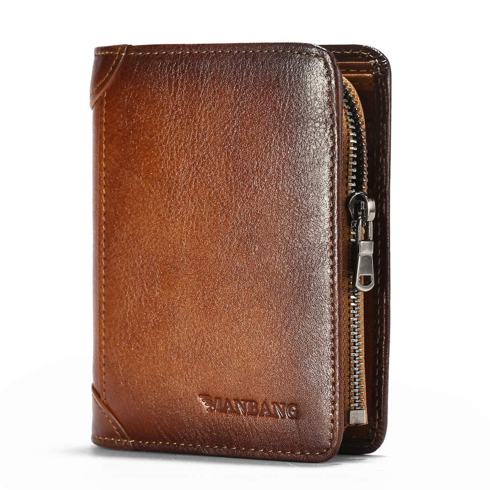 Mens Wallet Zipper Genuine Leather RFID Card Holders Cowhide Zip Coin Pocket Bifold wallets for men Brown(anti-theft brush)