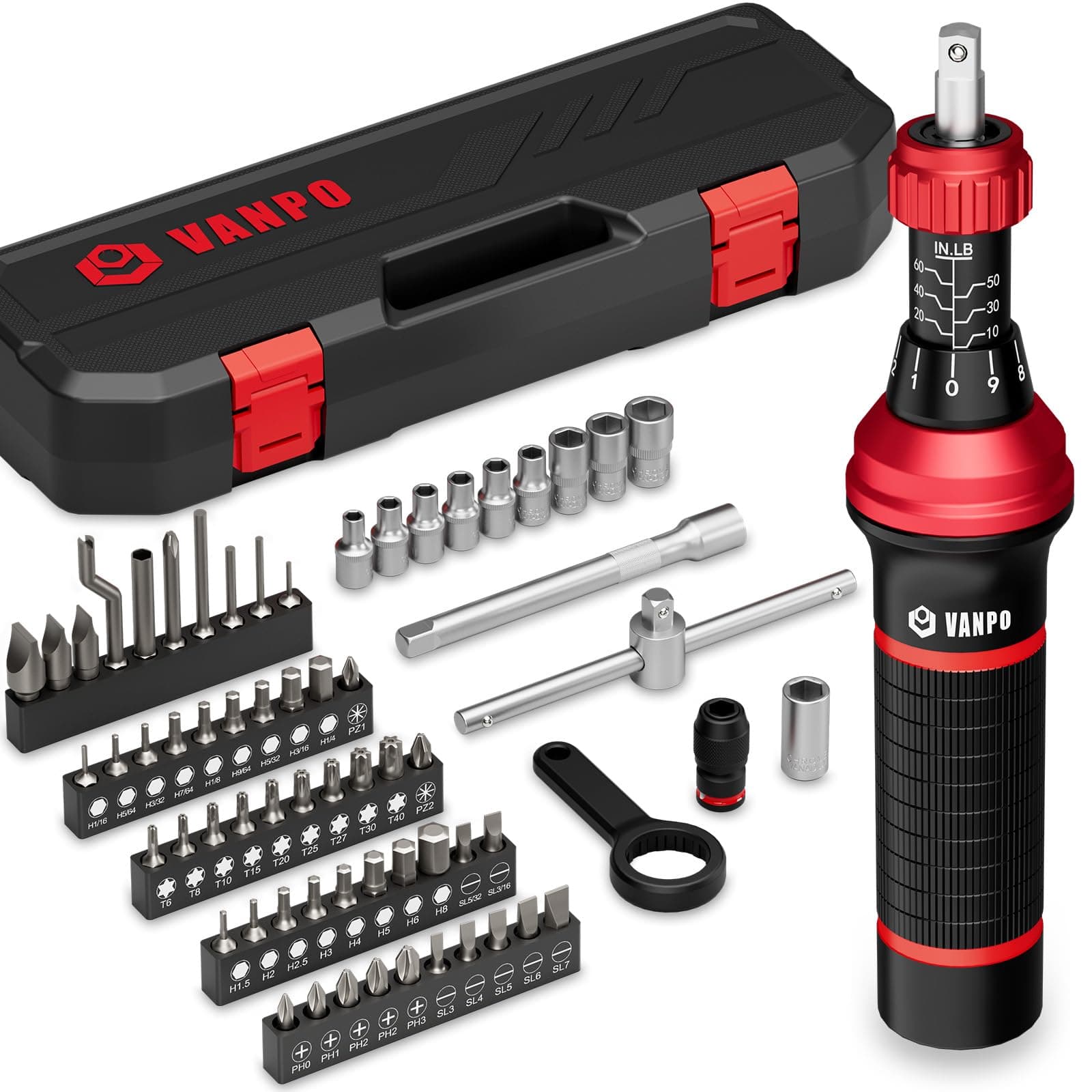 Torque Screwdriver, 10-60 in.lb, 64 Pcs Inch Pound Torque Wrench Screwdriver Set for Maintenance with T-bar Handle, Flat, Hex, Torx, and Phillips Bits, For Tools, Bike Repairing and Mounting