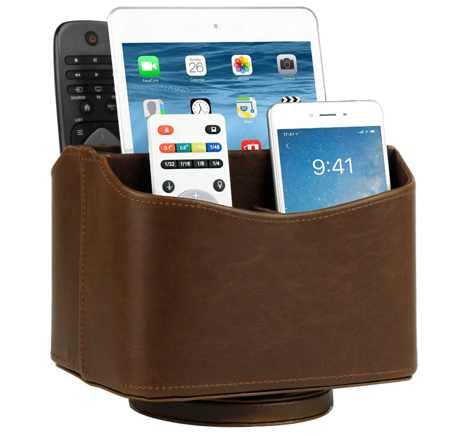 HofferRuffer Spinning Remote Control Holder, Remote Caddy, Spinning Remote Control Organizer, PU Leather (Classic Brown)
