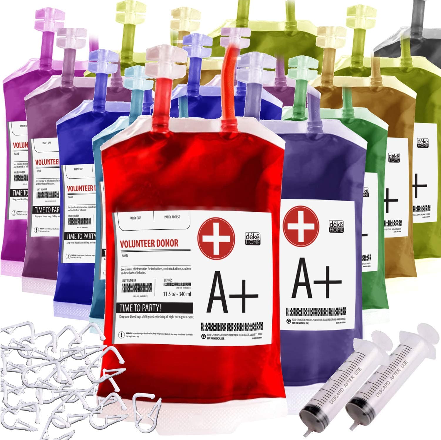 Deke Home - Fake IV Blood Bags for Drinks with Extra Syringe, Labels & Clips. Reusable Blood Bag. Drink Pouches. Food Grade, Perfect for Halloween, Party and Decor (Pack of 20)