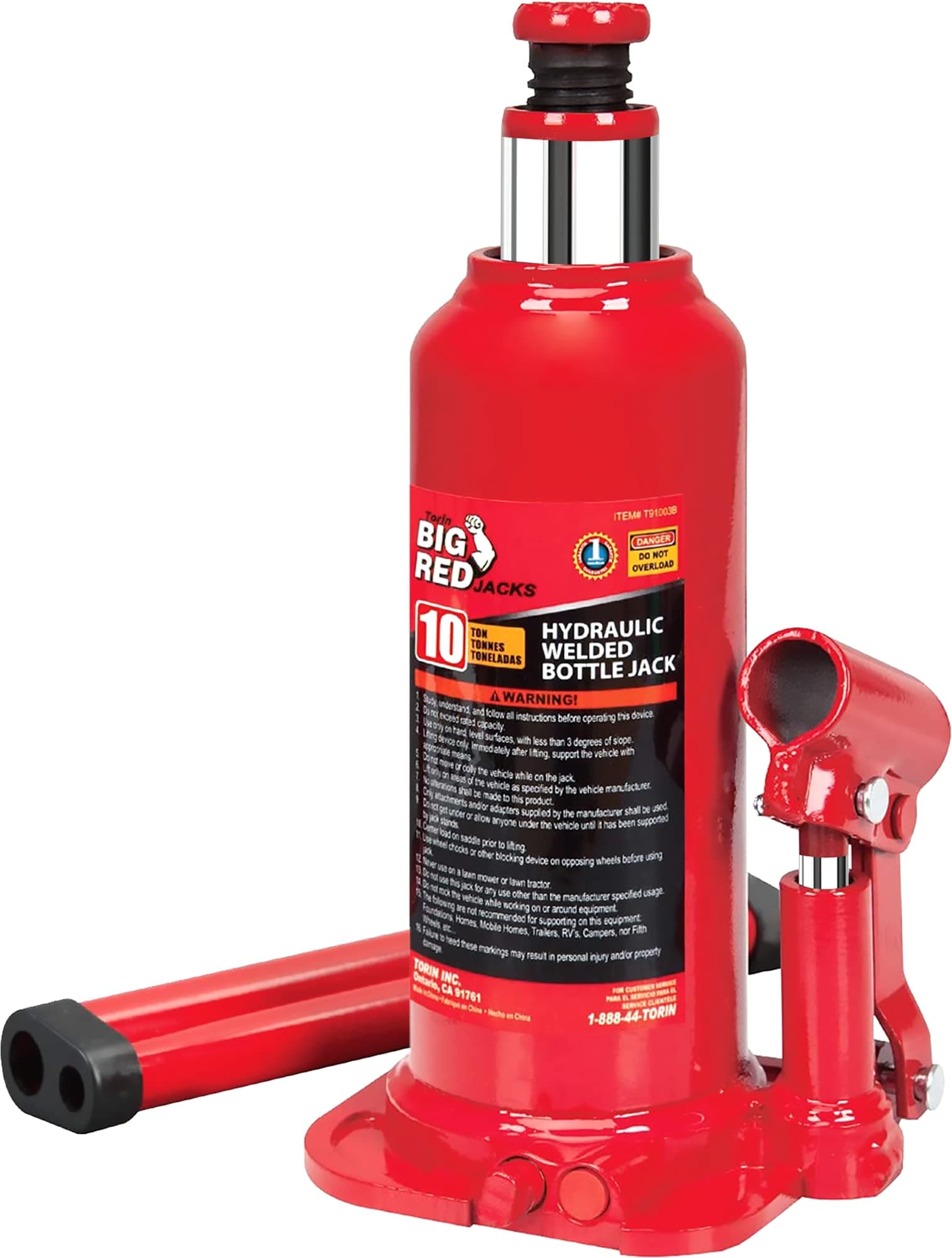 T91003B Torin Hydraulic Welded Bottle Jack, 10 Ton (20,000 lb) Capacity, Red