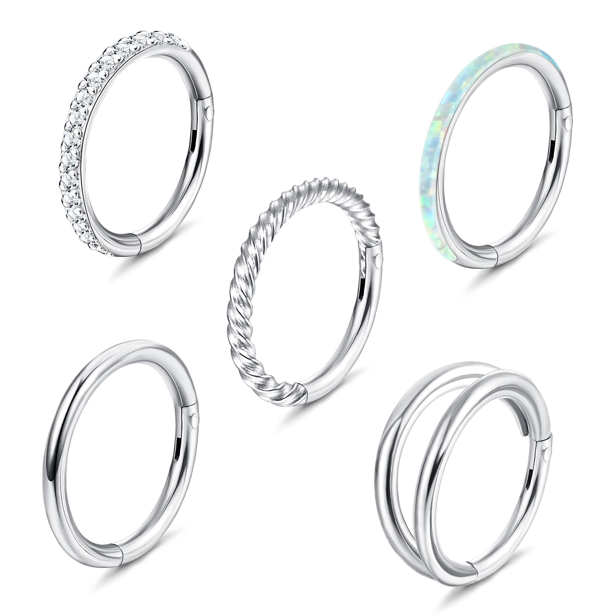 Jstyle 5Pcs 18G 16G Surgical Steel Nose Rings Hoop for Women Opal CZ Clicker Hinged Septum Nose Ring Lip Helix Cartilage Hoop Earring Daith Rook Conch Piercing Jewelry for Women 8mm 10mm