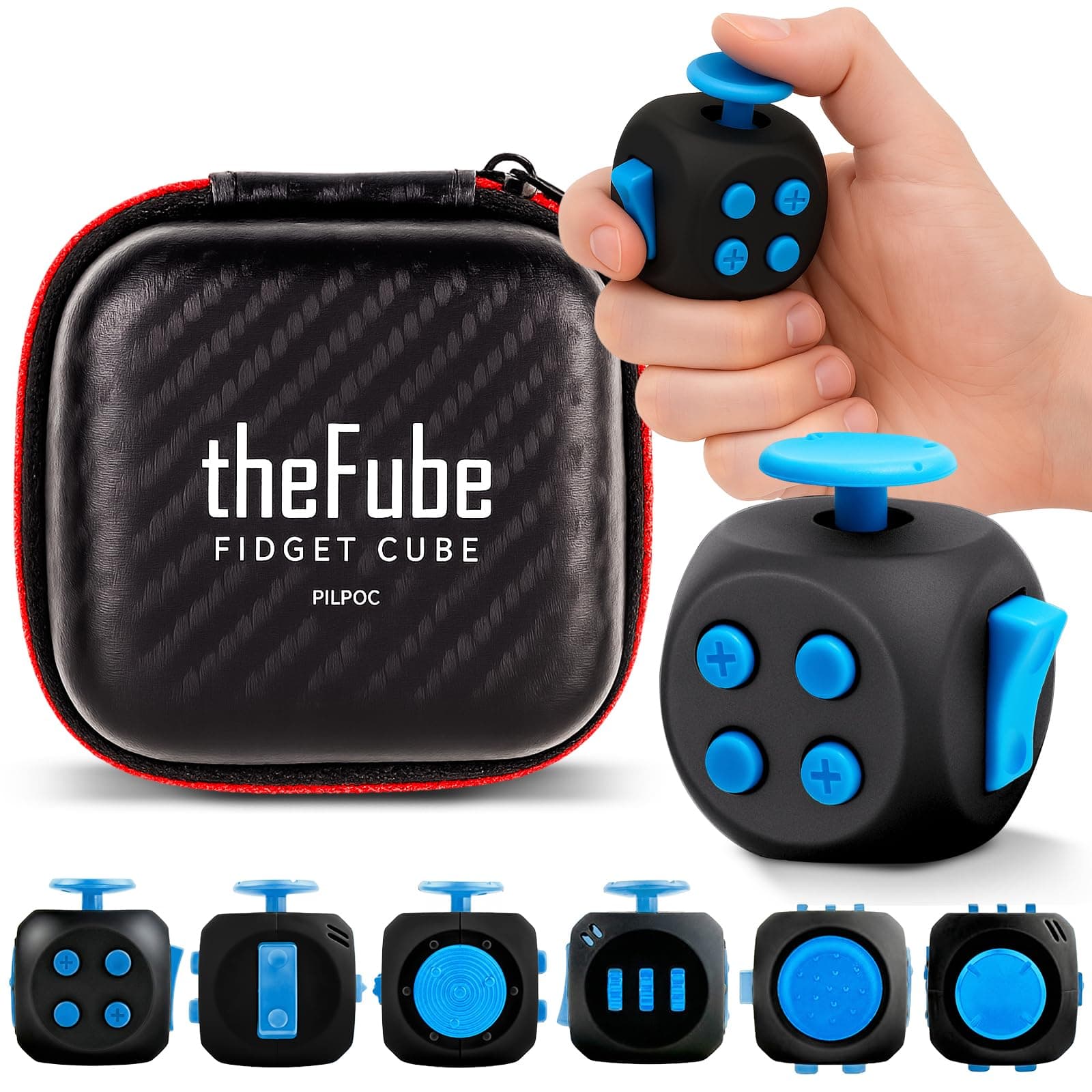 PILPOC theFube Fidget Cube, 6-Sided Stress Relief Infinity Cube for Adults, Kids, Boosts Concentration, Mindfulness Aid, Silent & Audible Modes, Includes Carry Case for Portability (Midnight Sapphire)