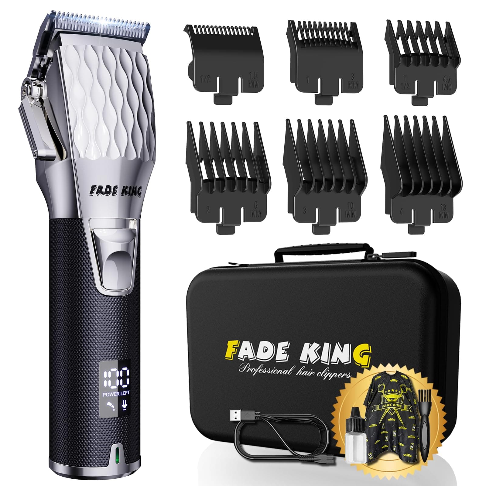 FADEKING® Professional Hair Clippers for Men - Cordless Hair Clippers, LCD Display Barber Clippers for Hair Cutting & Mens Grooming with Travel Case(Silver+Black)