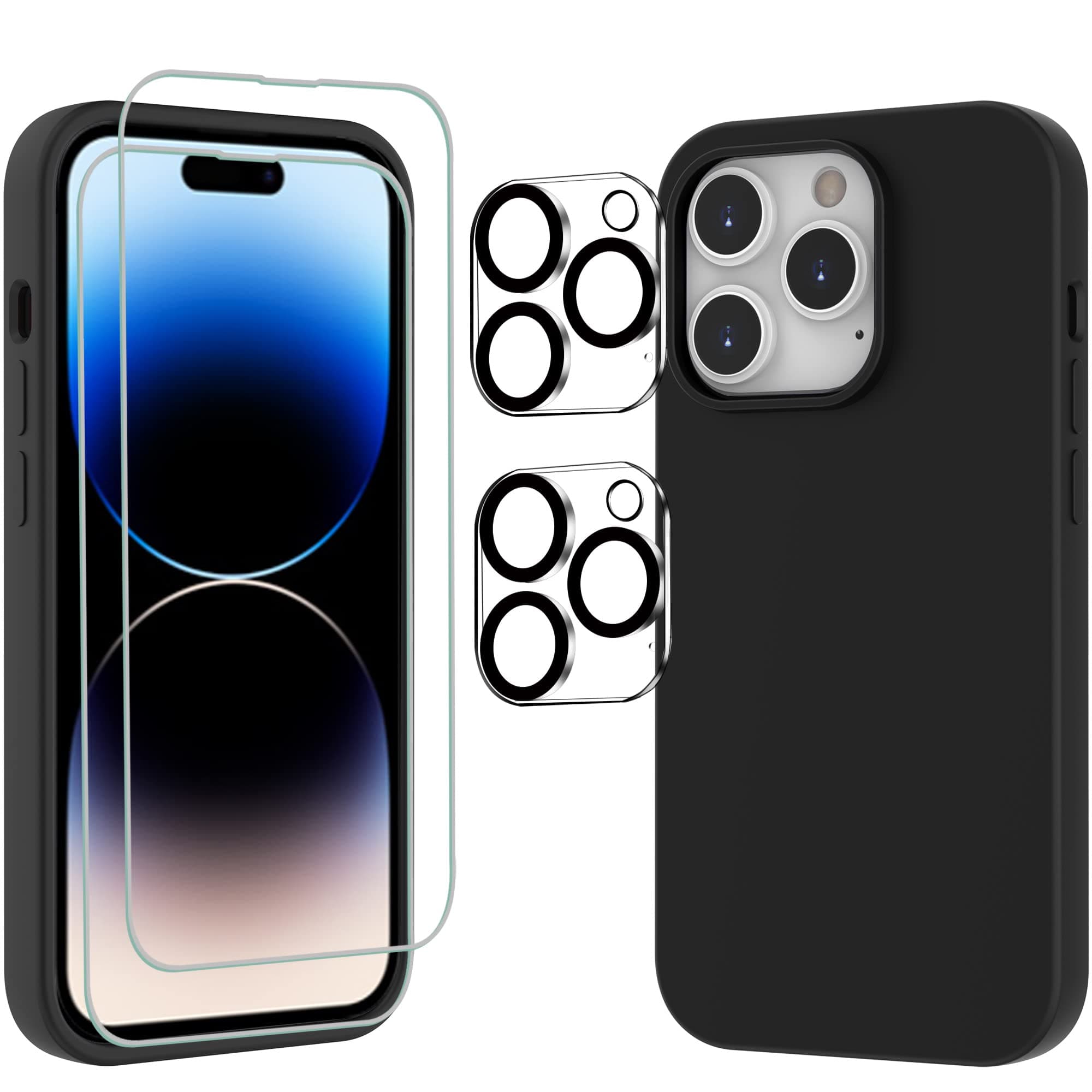 VAKS for iPhone 14 Pro Max 6.7 inch Liquid Silicone Case with 2 Tempered Glass Screen Protector + 2 Camera Lens Protector, Shockproof Anti-fingerprint Anti-scratch Slim Soft Case,Black