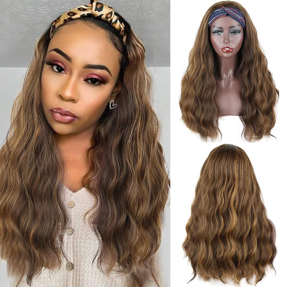 LEOSA Body Wave Headband Wigs with Highlight Blonde Wig Synthetic Brown Honey Blonde Wavy Wigs for Black Women Natural Looking Wavy Synthetic Wig with Headband Attached 4/27 Mix Brown Color Wig