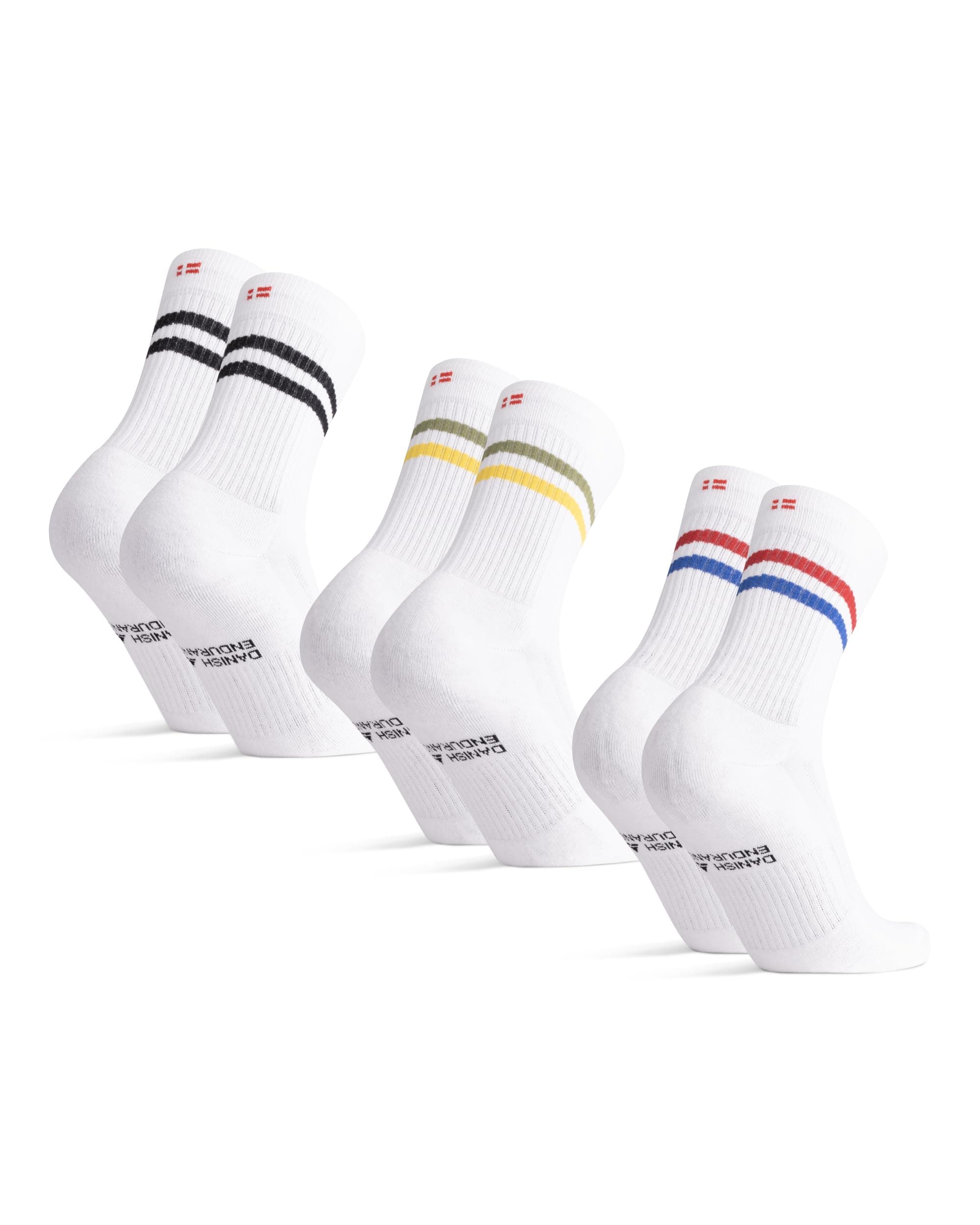 DANISH ENDURANCE Tennis Crew Socks, Cotton Striped Sports Socks, Cushioned for the Gym, for Men & Women, 3 or 6 Pack
