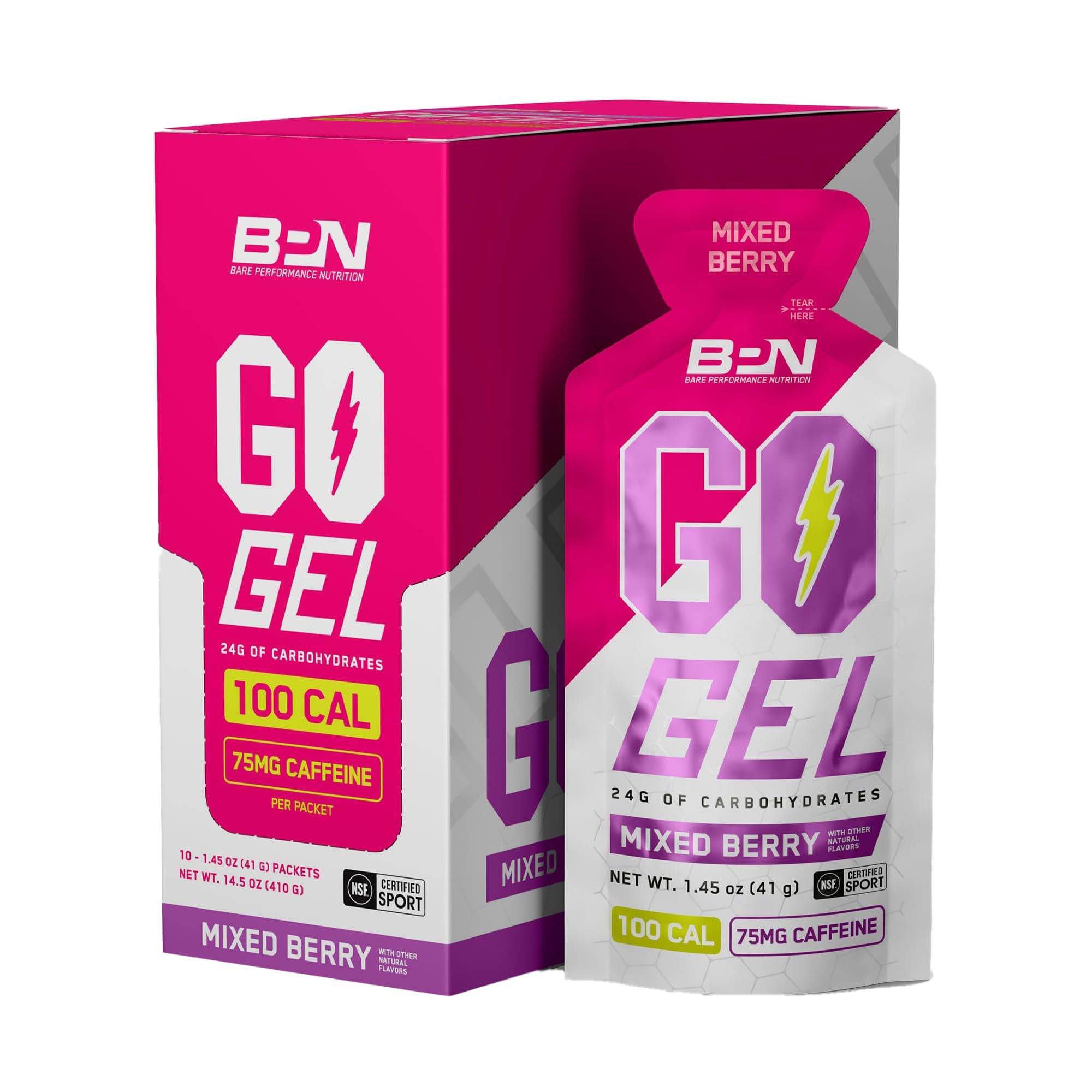 BPN Go Gel Endurance, 24g of Carbohydrates & 100 Calories per Pack, Vegan + Gluten Free Running Gel, 10 Single-Serving Packs, Caffeinated Mixed Berry