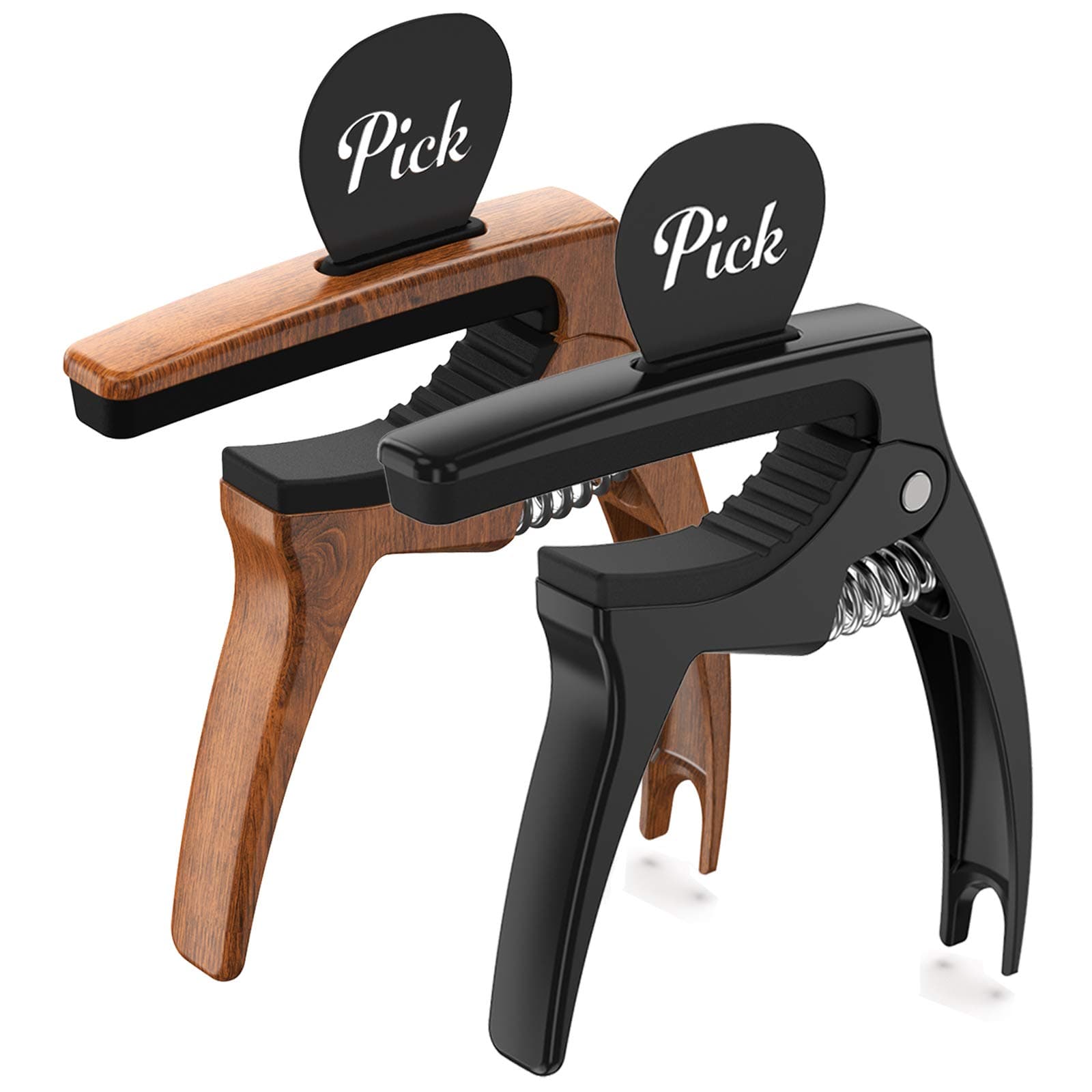 TANMUS 3in1 Guitar Capo for Acoustic and Electric Guitars,2 Pack(with Pick Holder and 6 Picks),Ukulele,Guitar Accessories (Black&Wood)