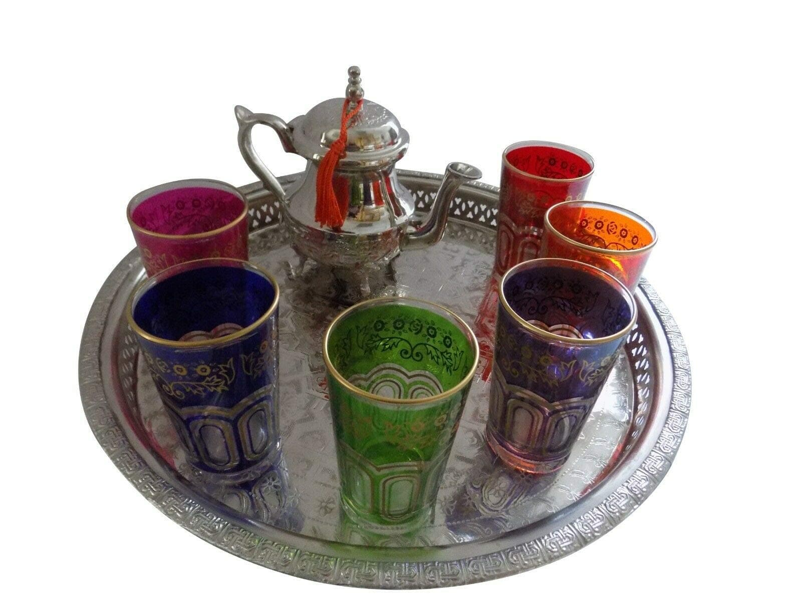 Moroccan Tea Serving Set Teapot & Tea Artisan Glasses Silver Tray