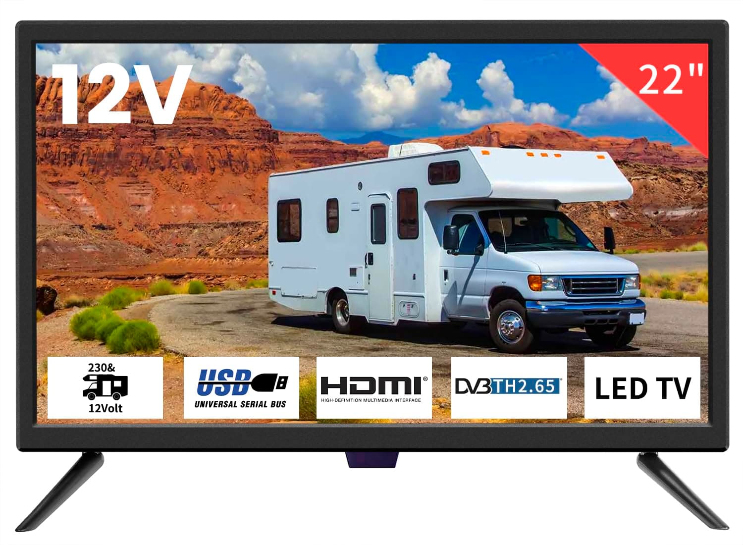 TV 22 inch IPS HD 1080P Screen,Small tv with Freeview Receiver,12 volt TV Built Digital T2 Tuner,USB,HDMI/RCA/VGA inputs,Suitable for Bedroom Caravan