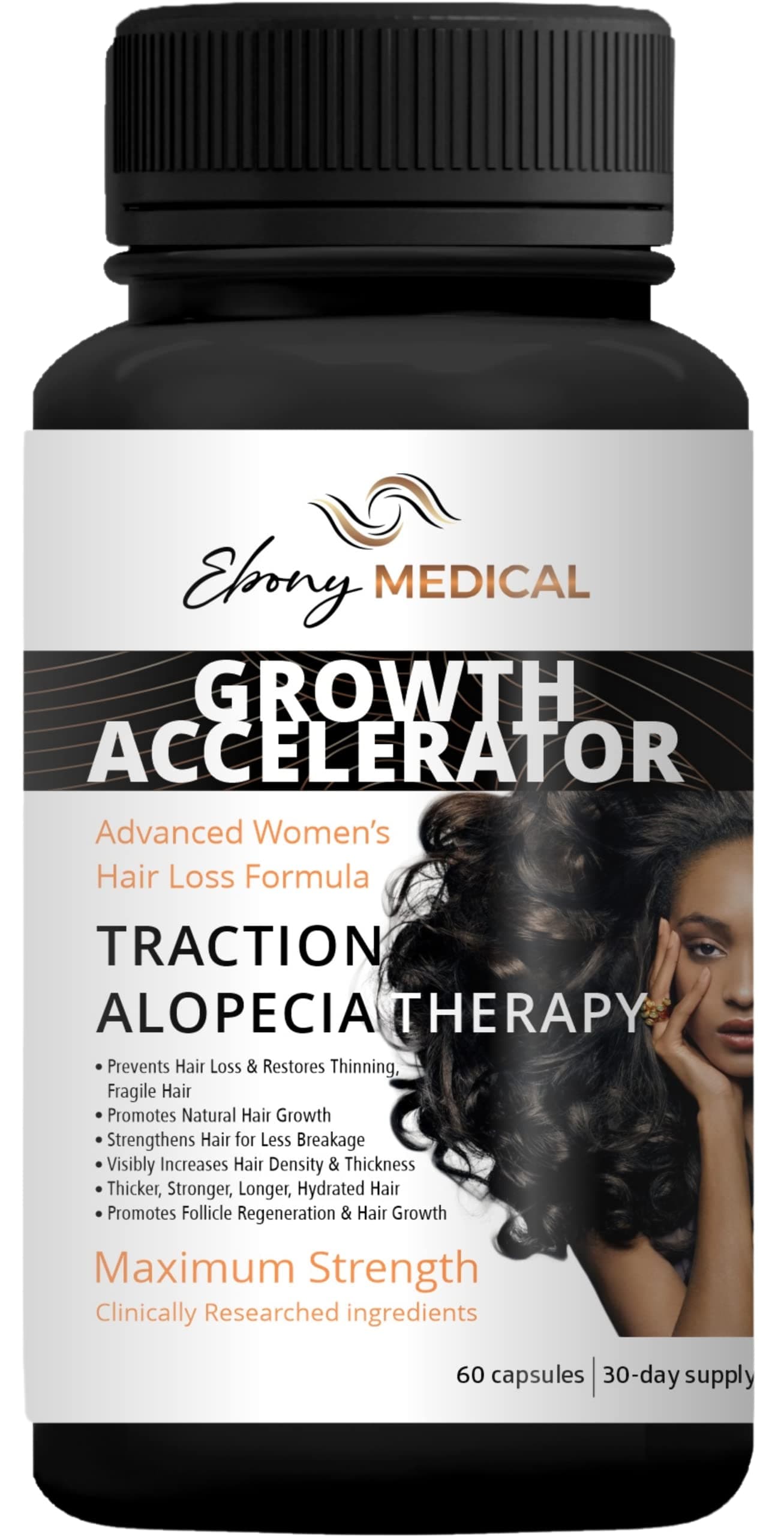 Ebony Medical Hair Regrowth Supplement for Traction Alopecia - Supports Hair Density for Thicker, Stronger, and Longer Hair by Helping with Follicle Regeneration - 30 Day Supply