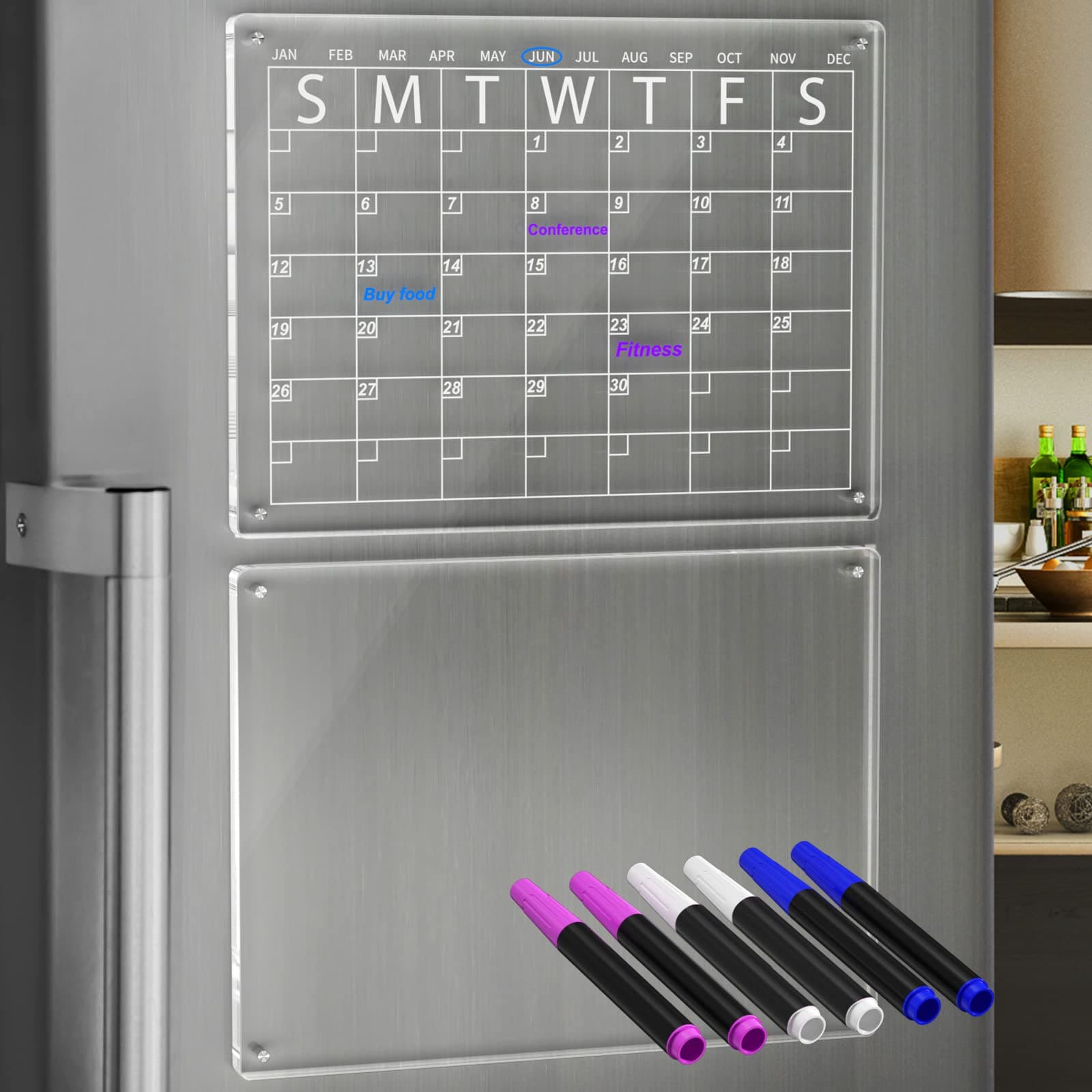 YeWink Magnetic Dry Erase Calendar Board for Fridge, 16”x12" Clear 2 Set Acrylic Calendar Planner Board for Refrigerator, Reusable Calendar Whiteboard includes 6 Markers 3 Colors