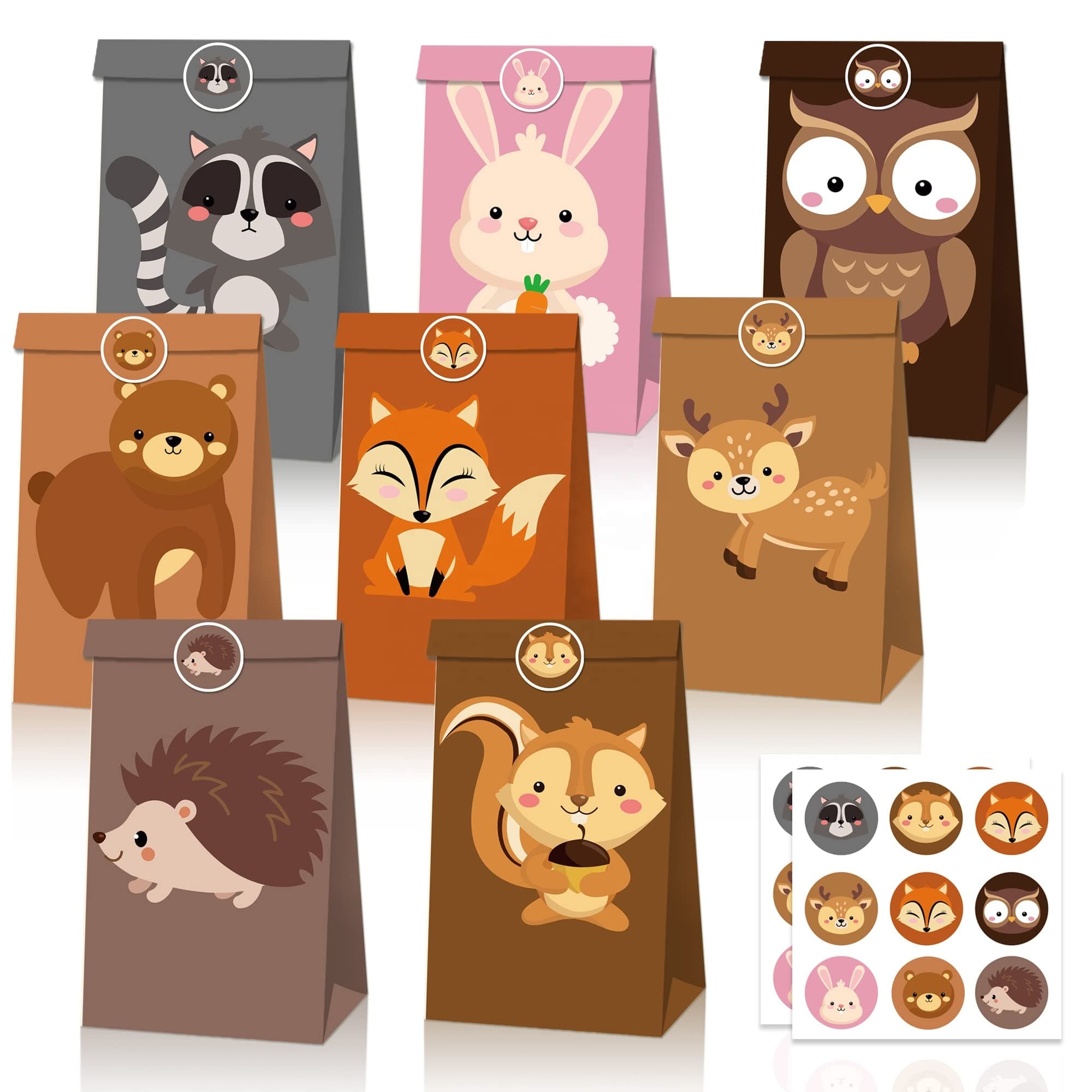 AM ANNA 24 Pack Animal Goodie Bags for Kids Paper Bags with Stickers Candy Treat Bag Kraft Paper Gift Bag for Birthday Safari Animals Jungle Zoo Theme Party (24 Pack Animal Goodie Bags)