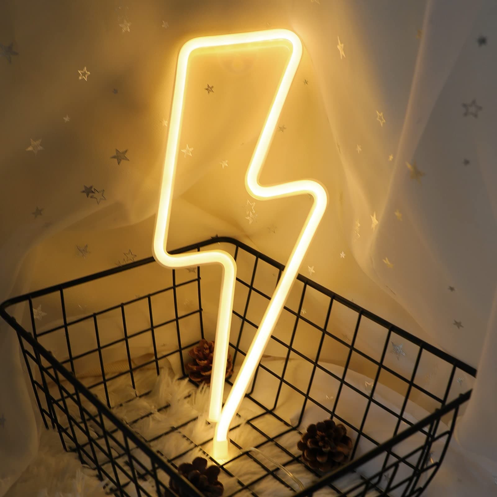 ENUOLI Neon Light Sign LED Lightning Shaped Night Light Wall Decor Light Operated by USB/Battery with Warm White Neon Light for Christmas Birthday Party Kids Room Living Room Wedding Party Decor