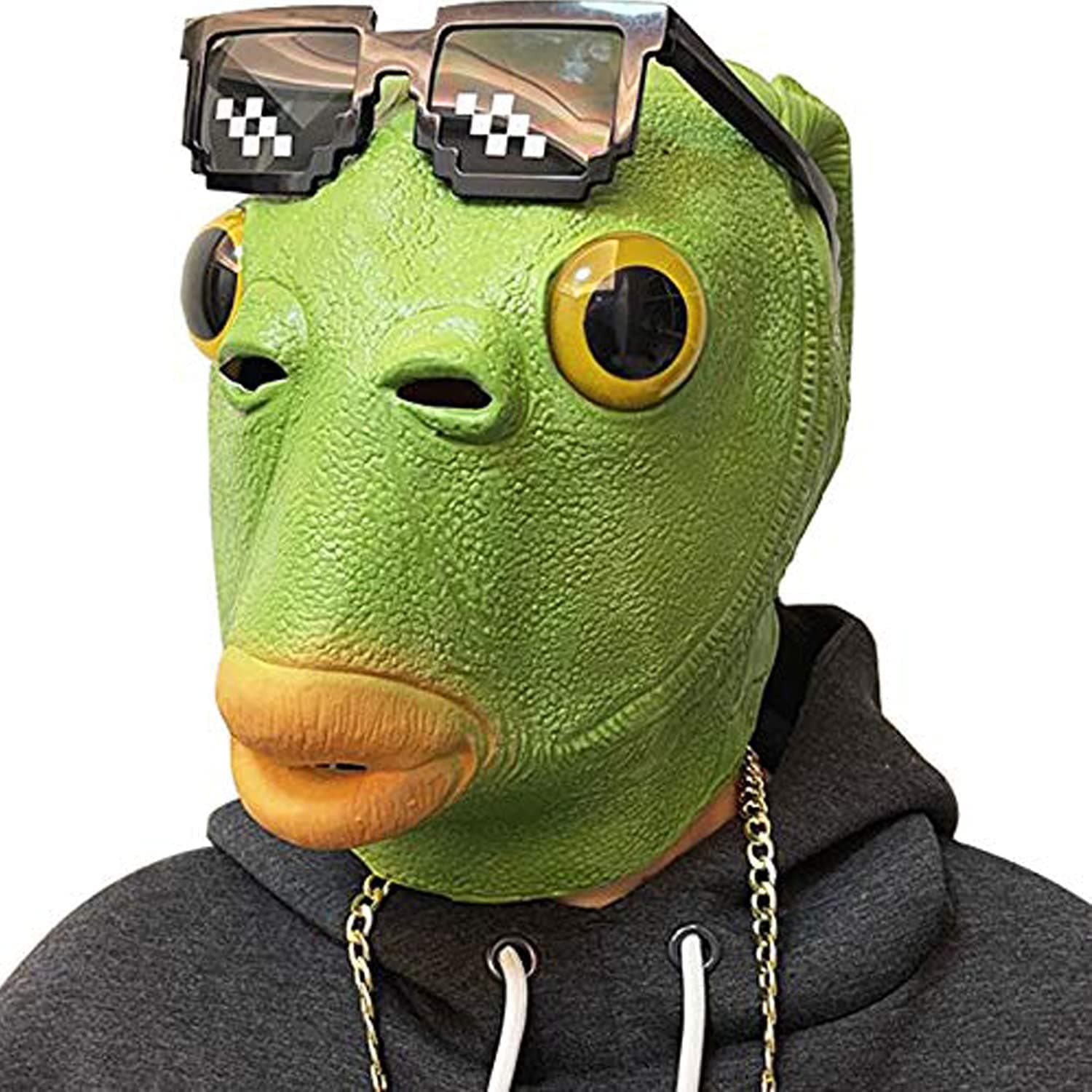 MOLEZU Green Fish Mask for Adult, Realistic Latex Full Head Funny Costume for Halloween Carnival Party Animal Cosplay Prop.
