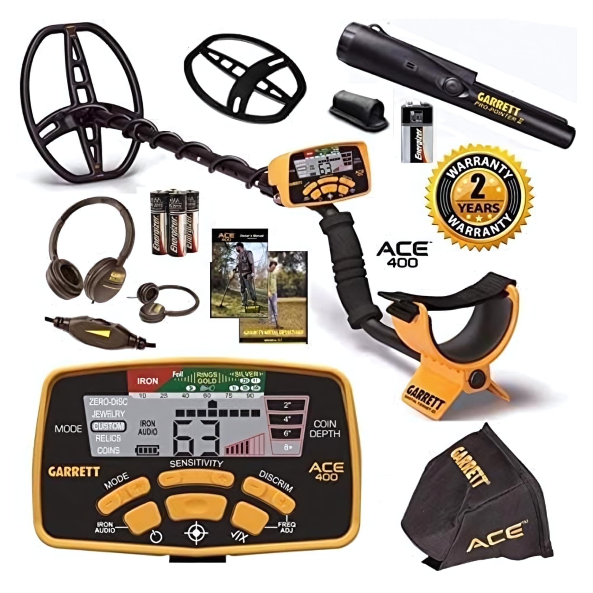Garrett ACE 400 Metal Detector Bundle – Digital Target ID, Iron Audio, Adjustable Frequency, Includes Pro-Pointer II, Headphones & Searchcoil Cover