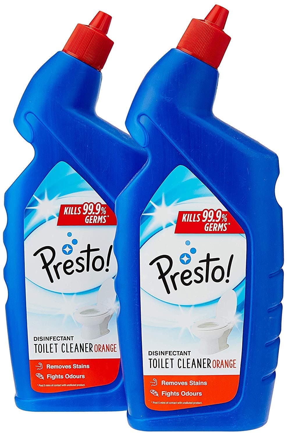 Amazon Brand - Presto! Disinfectant Toilet Cleaner Liquid | Orange | 2 Litre | 1 L x 2 Packs | Kills 99.9% Germs | Removes Stains | Indian & Western Toilets | Fights Odours | Cleans, Disinfects