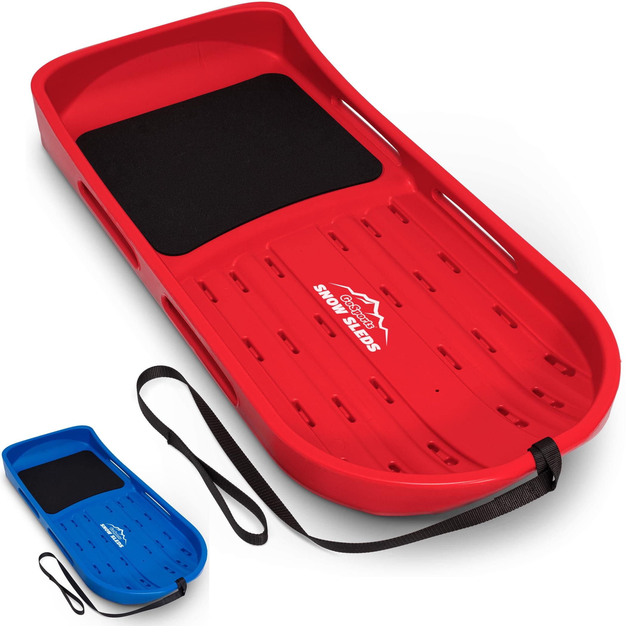 GoSports 2 Person Premium Snow Sled - Choose Red or Blue - Double Walled Construction, Pull Strap and Padded Seat