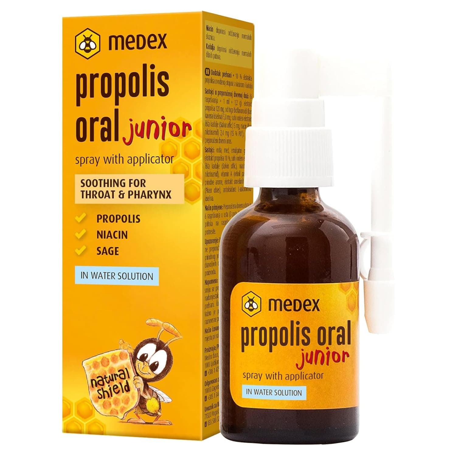 Medex Propolis Oral Junior, Mund- und Rachenspray, wasserbasiert, OHNE Alkohol; mit Zusatz von Honig, Salbei, Niacin, Fichtenspitzen, mit Applikator, für Kinder ab 3 Jahren, 30 ml