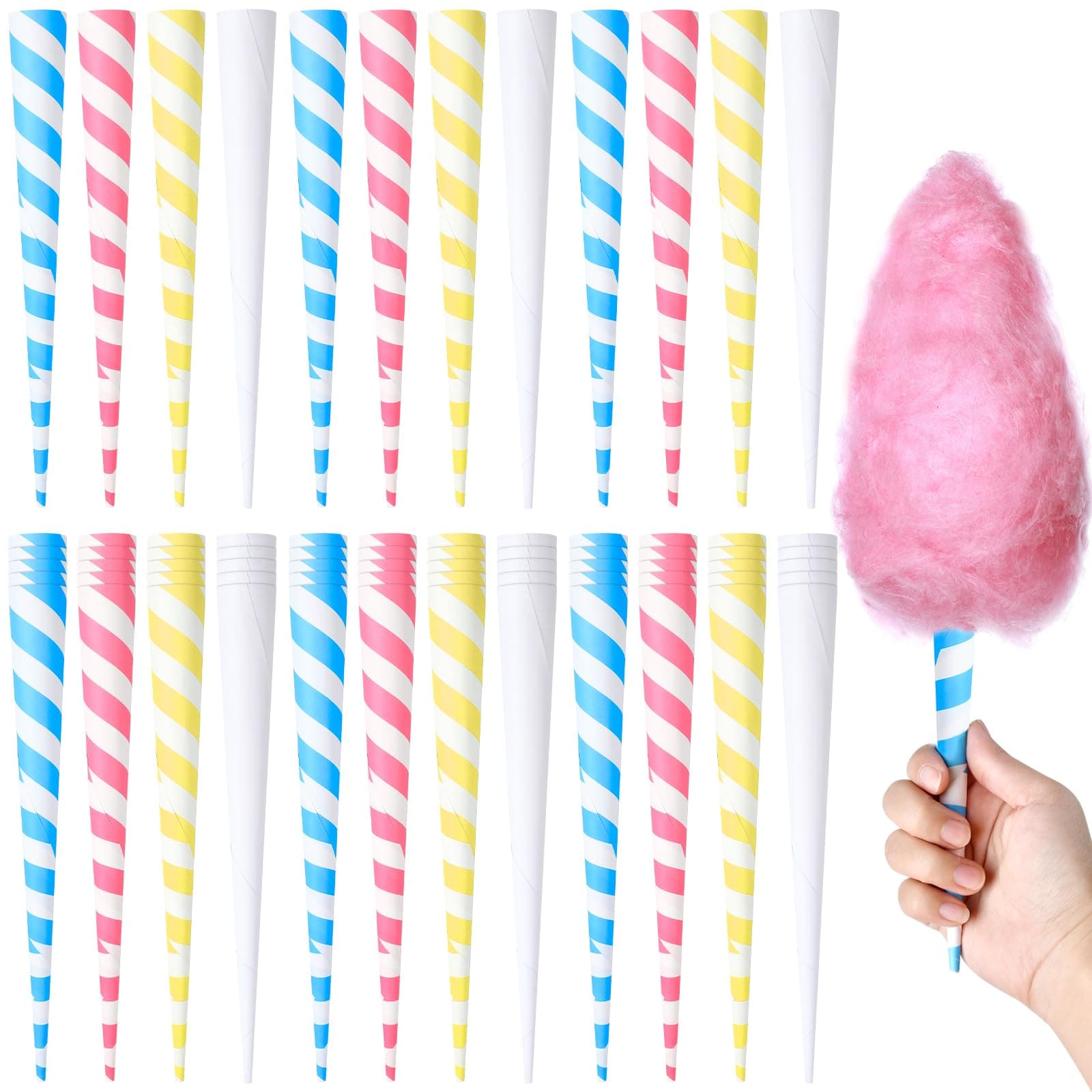 Supkiir 100Pcs Cotton Candy Cones, Striped Colorful Cotton Candy Sticks in Kraft Box, Paper Cotton Candy Floss Sugar Cane Holder for Cotton Candy Making Accessories Party Birthday Supplies