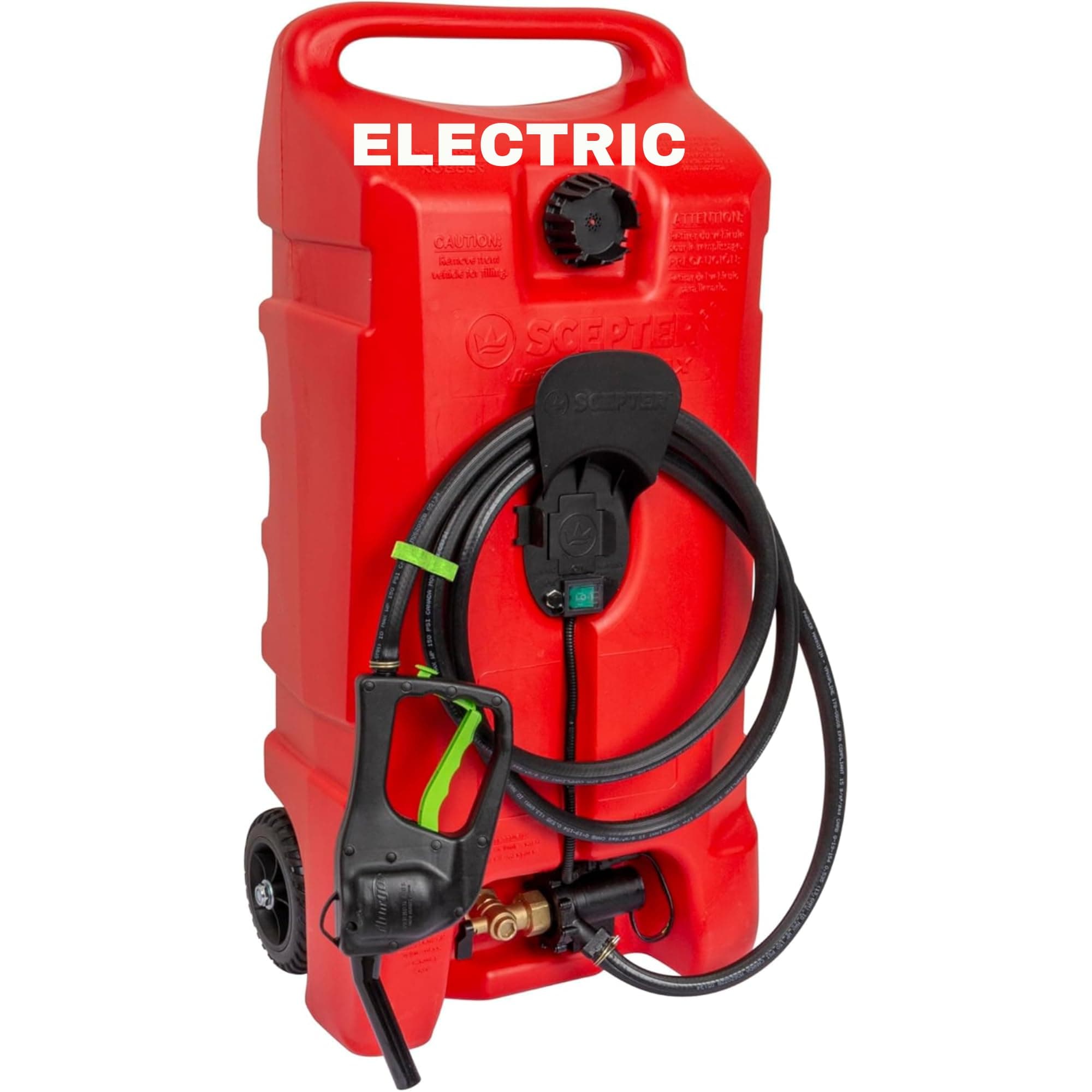 Scepter 14 Gallon Gas Caddy with Electric Fuel Pump, Flo ‘N Go Powered Portable Fuel Tank with Fill-Rite Transfer Pump and 10-Foot Hose for Farm, Marine, Commercial, and Home Use, Red