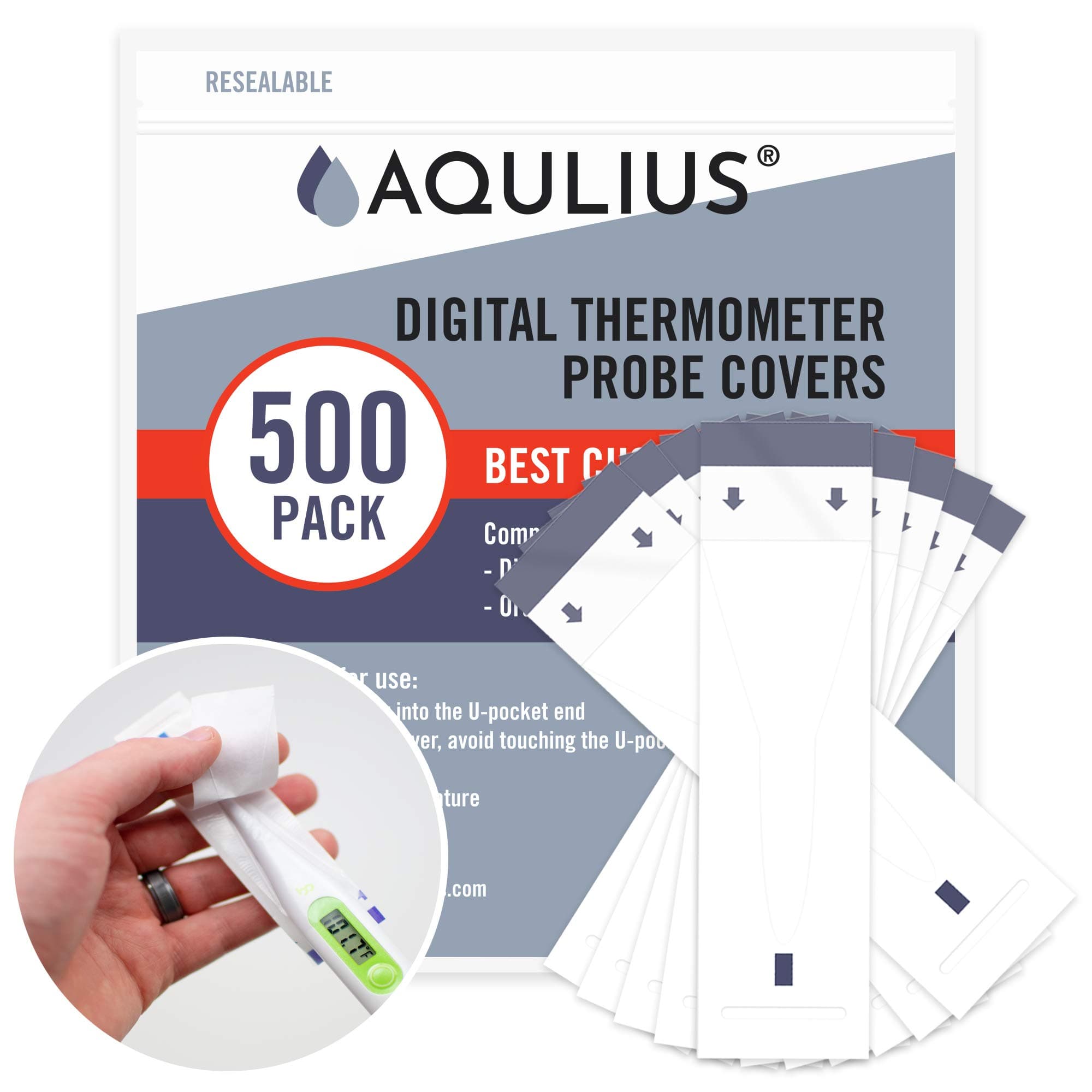 Aqulius Thermometer Covers Disposable - 500 Pack, White Single-Use Sleeves - Universal Fit Oral & Rectal Digital Thermometer Probe Covers