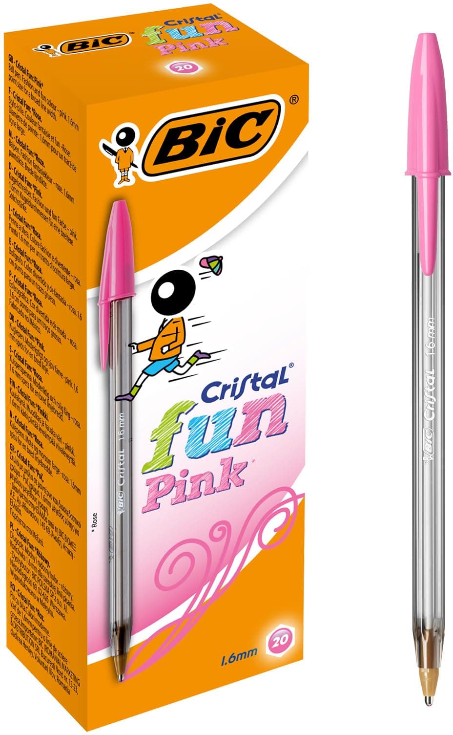 Cristal Fun Ballpoint Pens, Pink Ink Smudge-Proof Writing Pens and Wide Point (1.6mm), Pack of 20