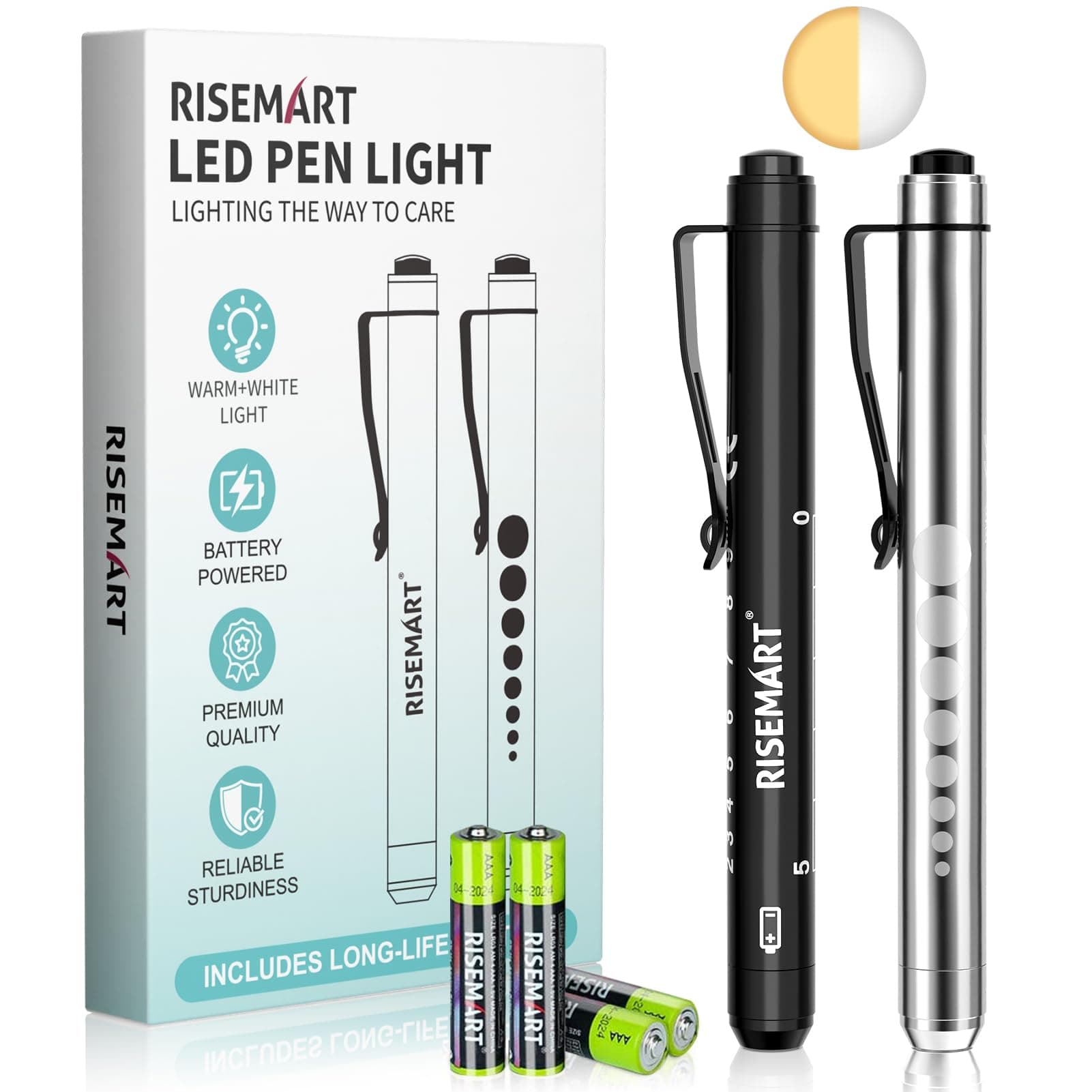 RISEMART Pen Light, Nurse Led Medical Penlight with Pupil Gauge for Nursing Students Doctors Black and Silver with Batteries