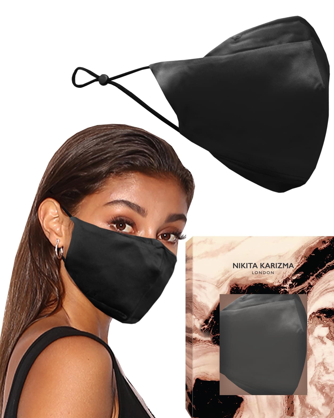 90210 Silk Face Mask (Black). Luxury Fashion Mask, 19 Momme Mulberry Silk, Designer Washable Fabric, Reusable Facemask 6A Grade Fabric