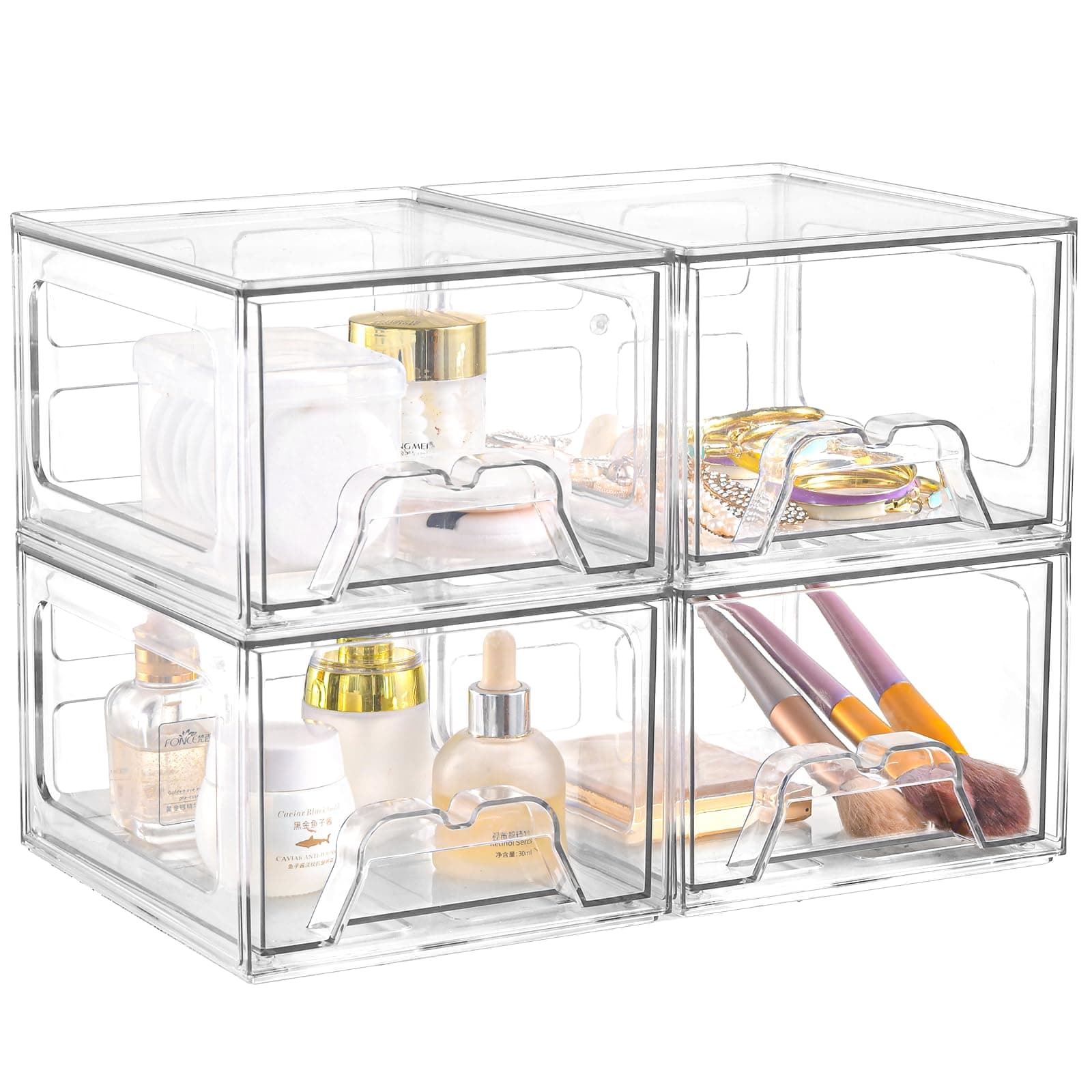 Plastic Drawers Storage, 4 Pack Clear Stackable Storage Drawers, Acrylic Storage Bins with Drawers for Fridge Organizers, Small PlasticDrawers Stackable for Makeup Organizers Cosmetic Display