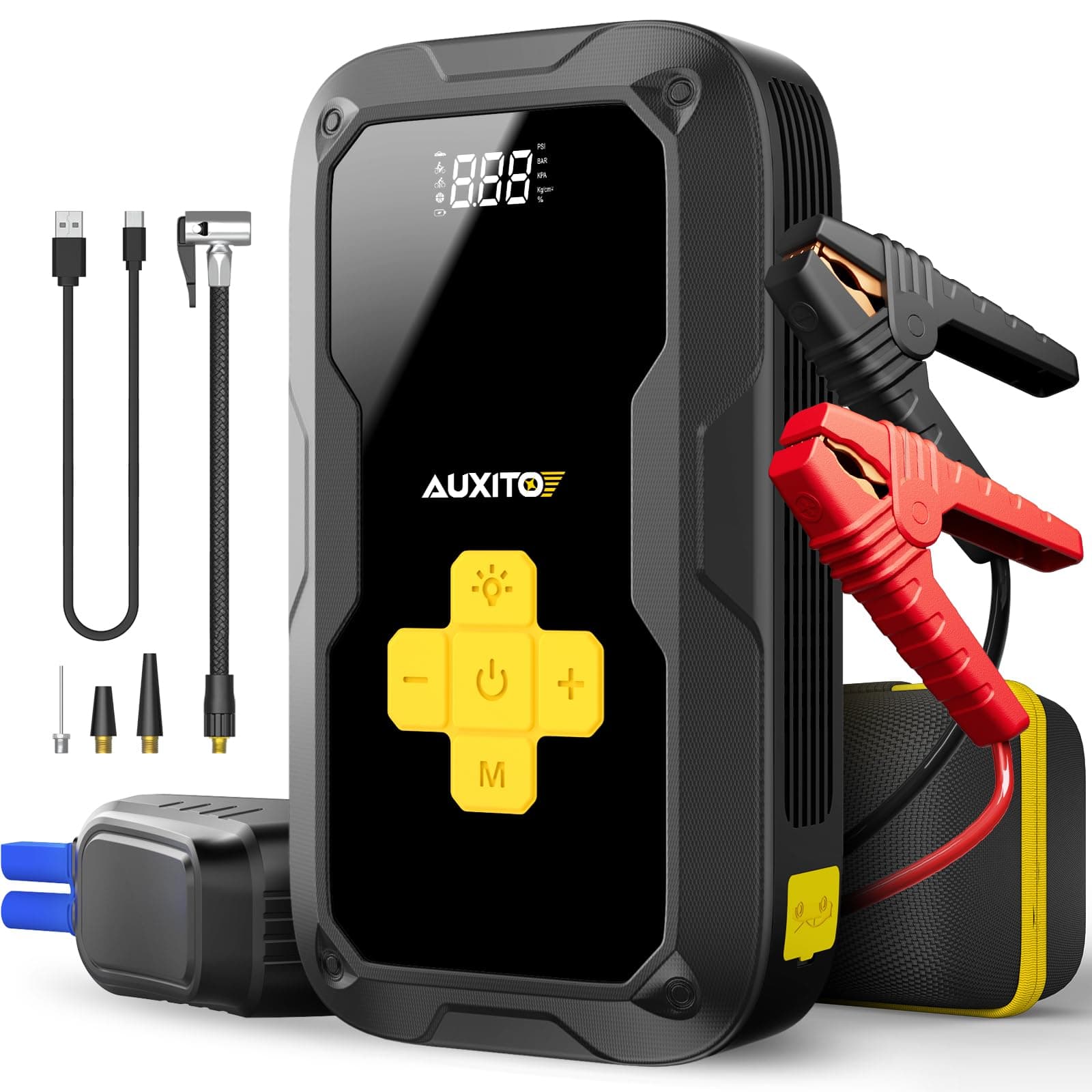Jump Starter with Air Compressor, AUXITO 3500A Portable Car Jumper, 150PSI Digital Tire Inflator, 12V Jump Box for All Gas/8L Diesel Engine, Power Bank with Type-C Quick Charger, 400LM Emergency Light