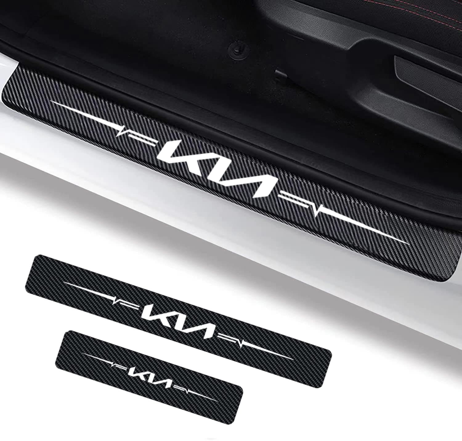 4Pcs Car Door Sill Protector Reflective 4D Carbon Fiber Sticker Door Entry Guard Door Sill Scuff Plate Stickers Accessories Compatible with KIA NIRO Rio Sportage Sorento Soul (White)