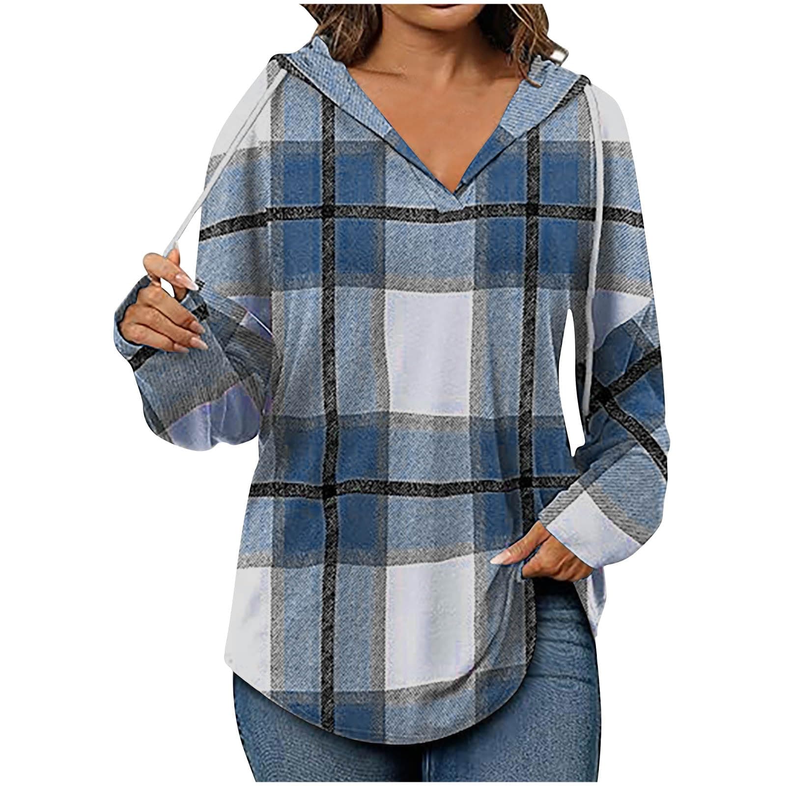 Women 2024 Hoodies Long Sleeve Drawstring Plaid Hooded Pullover Sweaters Causl Loose Tunic Tops Fashion Clothes