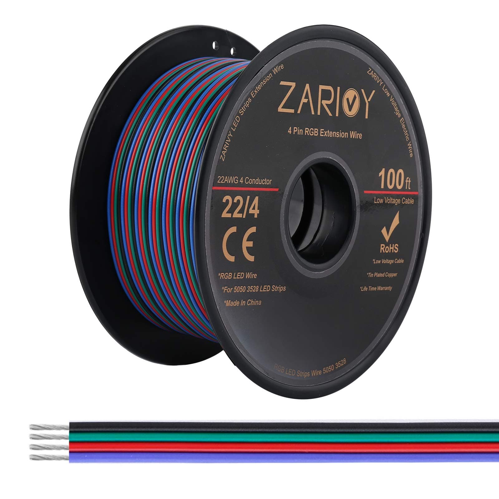 100FT 22 Gauge 4 Pin 4 Color Standed RGB Wire Extension Cable, 22 AWG Led Electric Wire for RGB LED Strip 5050 3528, 22AWG LED Strip Extension Cord for LED Ribbon Lamp Tape Lighting