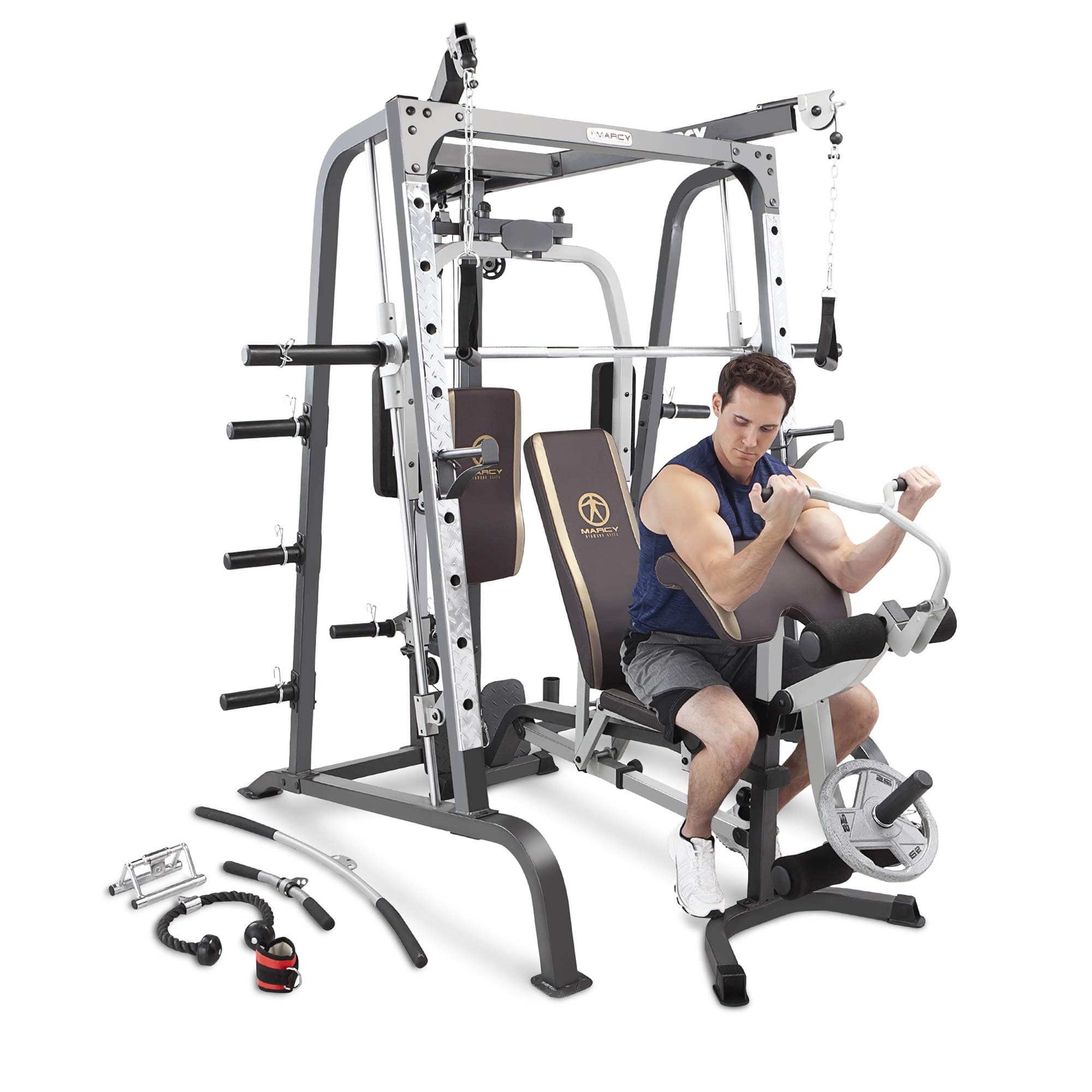 Smith Cage Workout Machine Full Body StrengthTraining Home Gym Equipment System with Leg Developer, Press Bar, PEC Deck, and Squat Rack